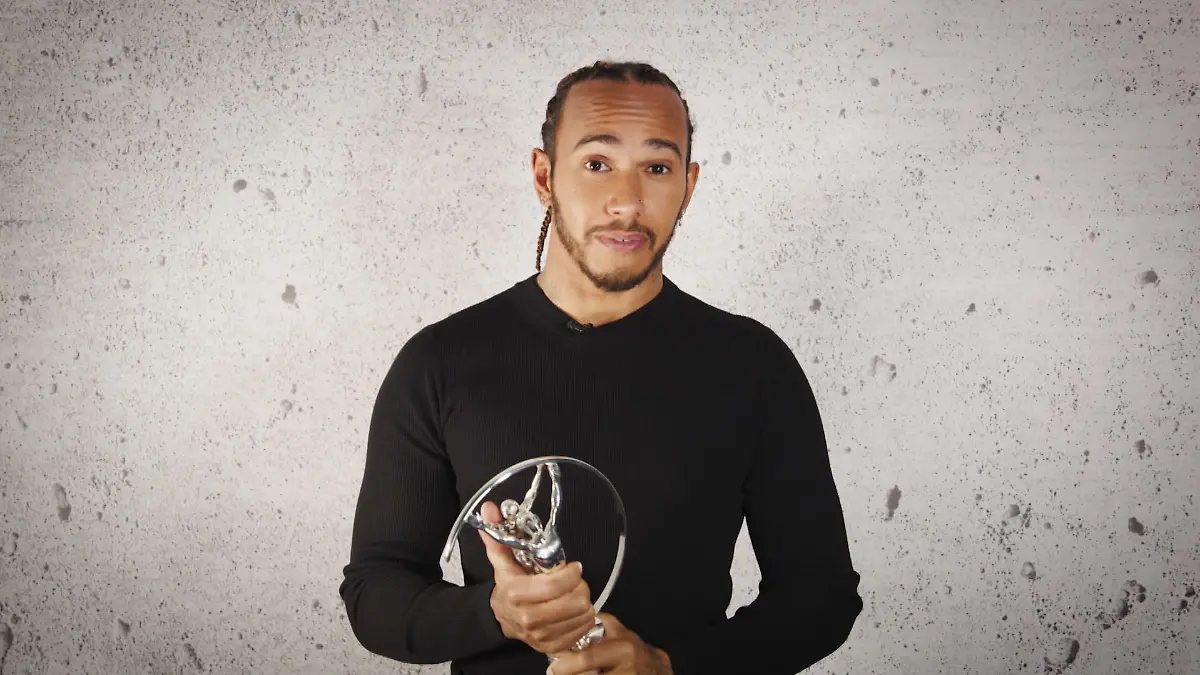 UNSPECIFIED - UNSPECIFIED: In this handout screengrab released on May 6,  Lewis Hamilton speaks after winning the Laureus Athlete Advocate of the Year Award during the Laureus World Sports Awards 2021 Virtual Award Ceremony. (Photo by Handout/Laureus via Getty Images)