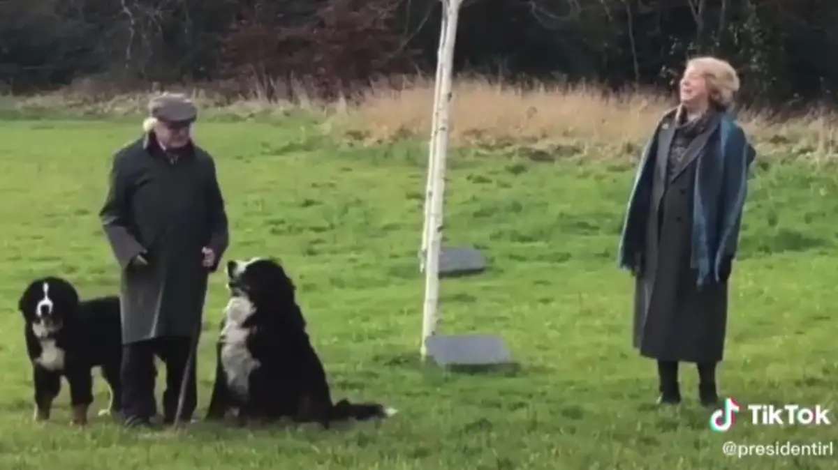 Der irische Präsident Michael D. Higgins mit seinen beiden Berner Sennenhunden
