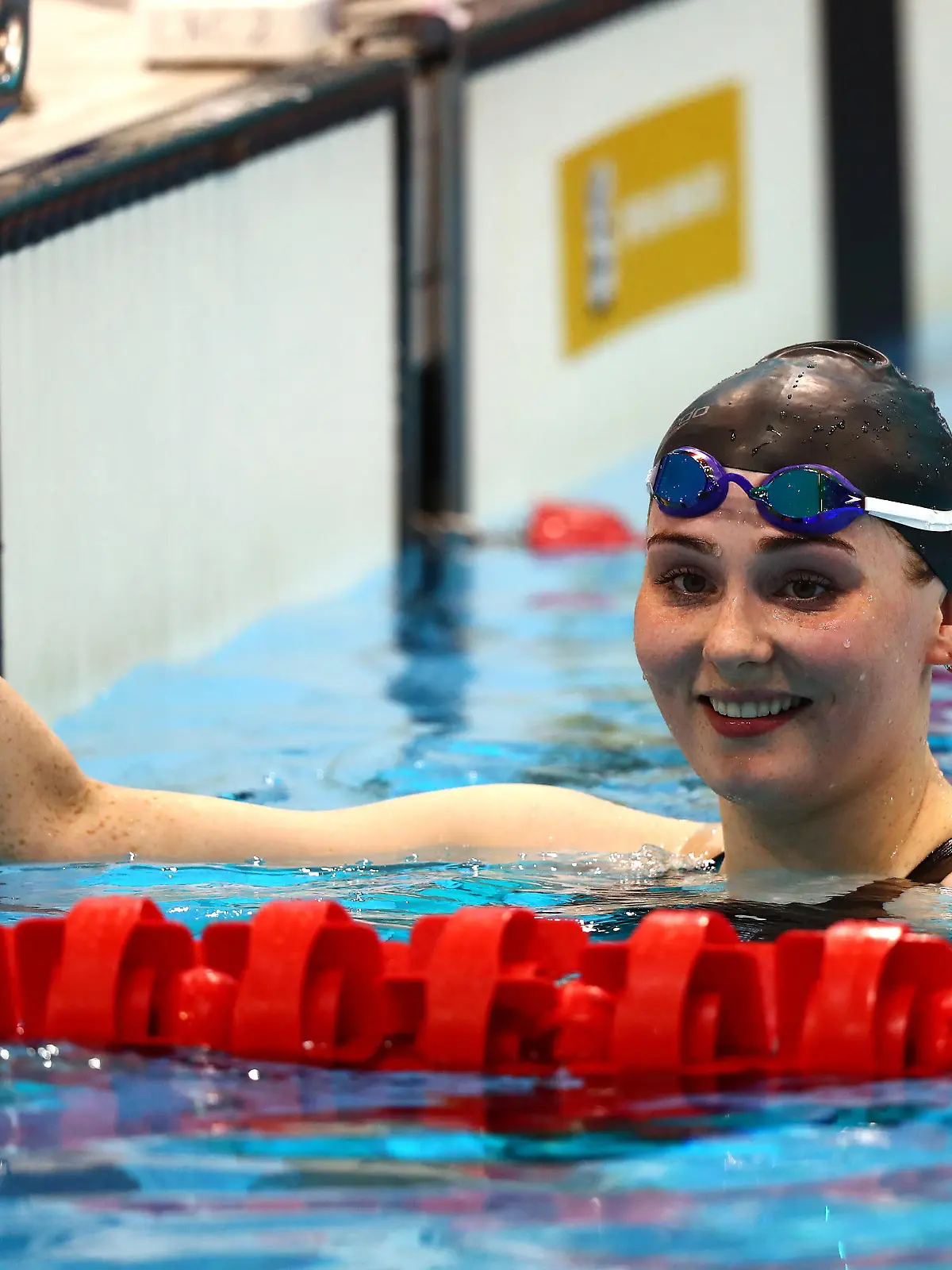LONDON, ENGLAND - APRIL 14: Freya Anderson of Great Britain celebrates winning the Women's 200m Freestyle Final on day one of the British Swimming Selection Trials 2021 at the London Aquatics Centre on April 14, 2021 in London, England. (Photo by Clive Rose/Getty Images)