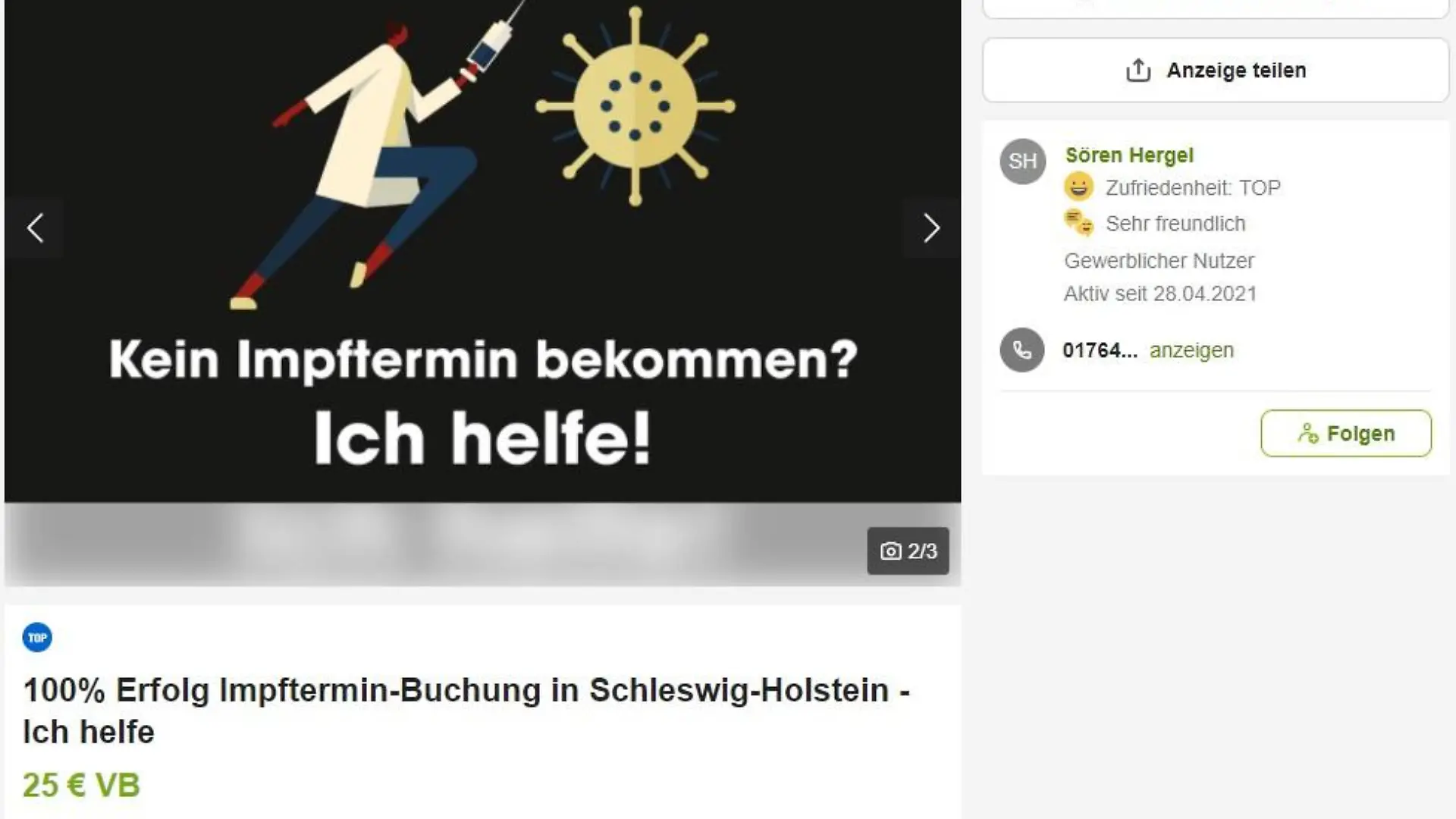 Der Kieler IT-Experte Sören Hergel bietet auf dem Internetportal eBay-Kleinanzeigen seine Hilfe für die Buchung von Impfterminen an - allerdings gegen Bezahlung.