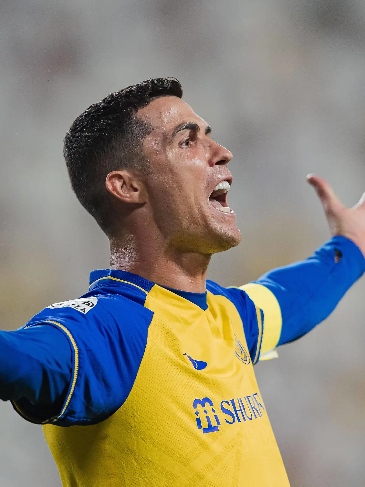 Al-Nassr FC vs Al-Ettifaq Club - SAFF Roshn Saudi Pro League 2023-24 Match Day 24 Cristiano Ronaldo of Al-Nassr FC reacts against a referee decision after being tackled during their SAFF Roshn Saudi Pro League 2023-24 Match Day 24 against Al-Raed FC at Al-Awwal Park Stadium on April 29, 2023 in Riyadh, Saudi Arabia. Riyadh Al-Awwal Park Stadium Saudi Arabia PUBLICATIONxNOTxINxJPNxUK Copyright: xVictorxFrailex 2023.28.04_PSI03254.MD24_VFR_3619