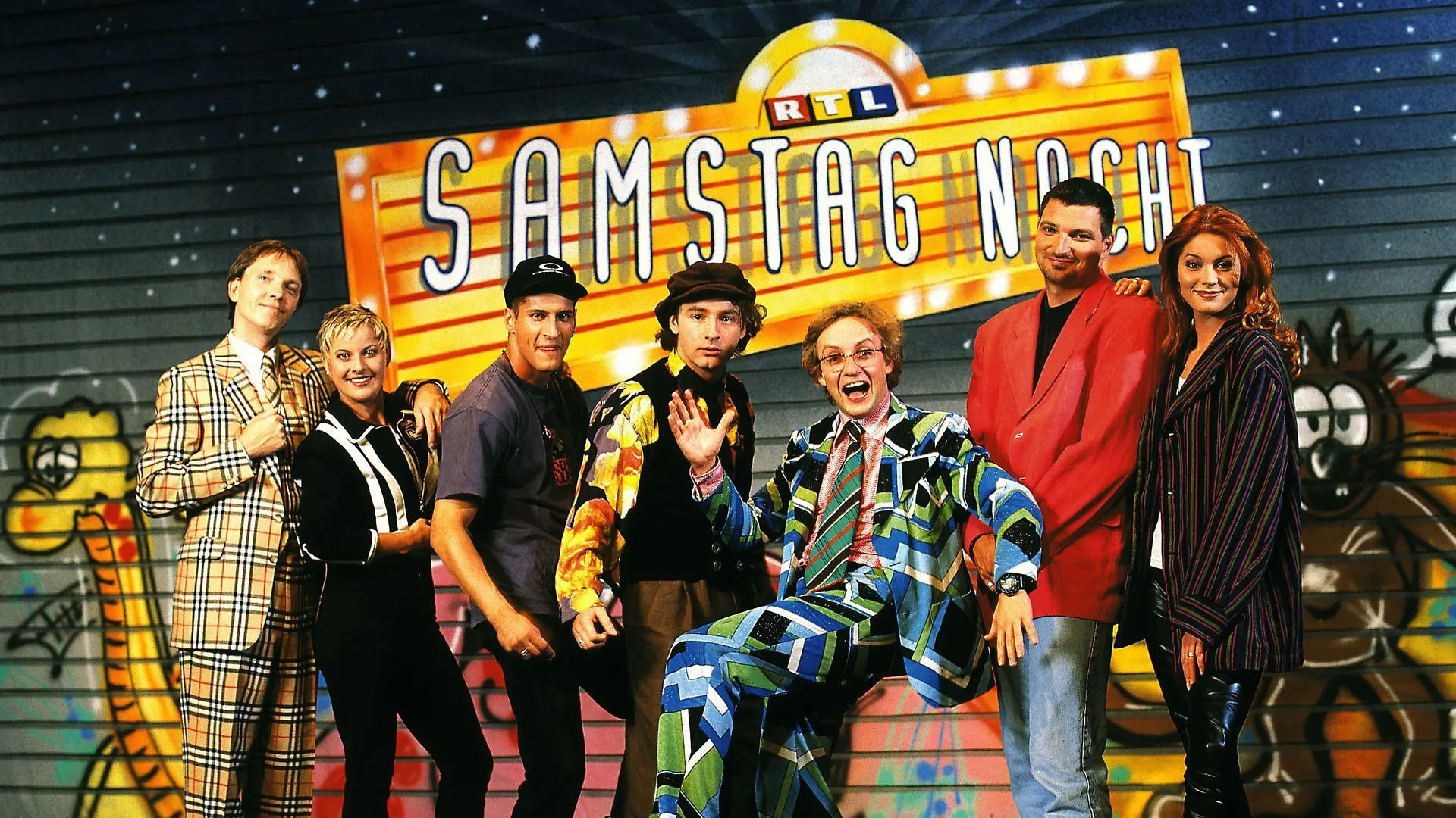 "RTL Samstag Nacht" mit v.li. Olli Dittrich, Tanja Schumann, Mirco Nontschew, Tommy Krappweis, Wigald Boning, Stefan Jürgens und Esther Schweins