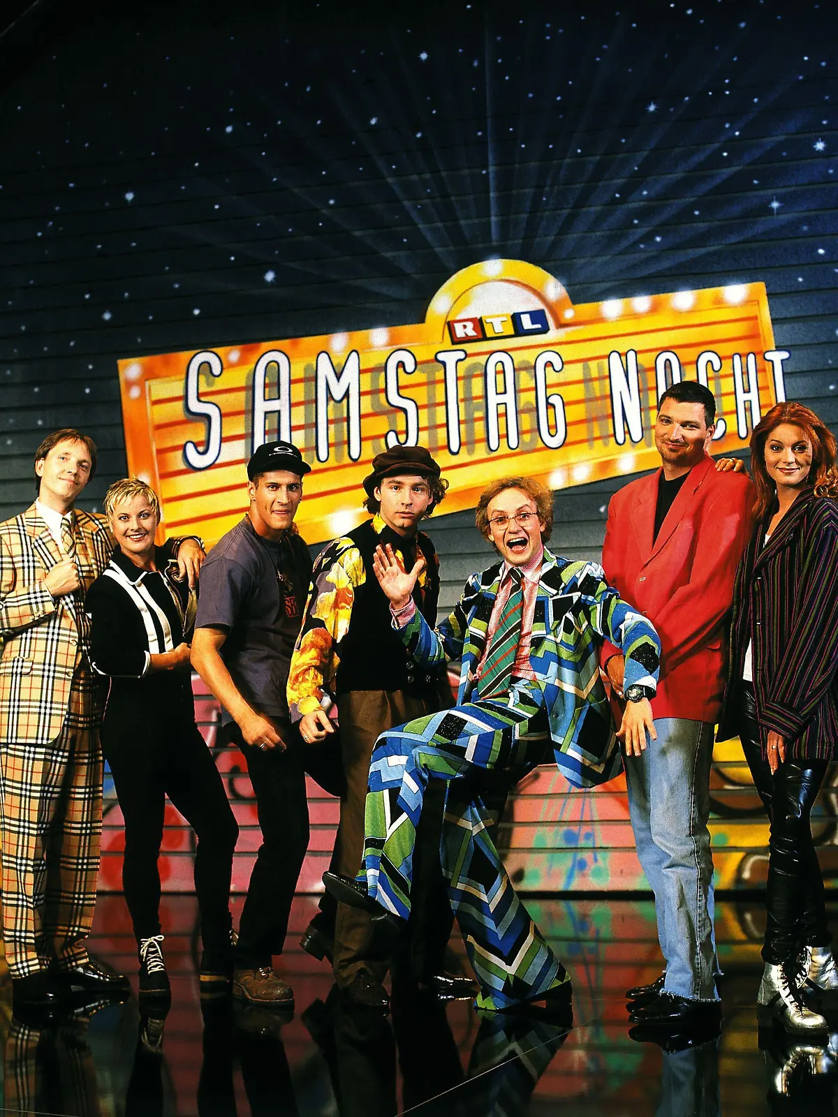 "RTL Samstag Nacht" mit v.li. Olli Dittrich, Tanja Schumann, Mirco Nontschew, Tommy Krappweis, Wigald Boning, Stefan Jürgens und Esther Schweins