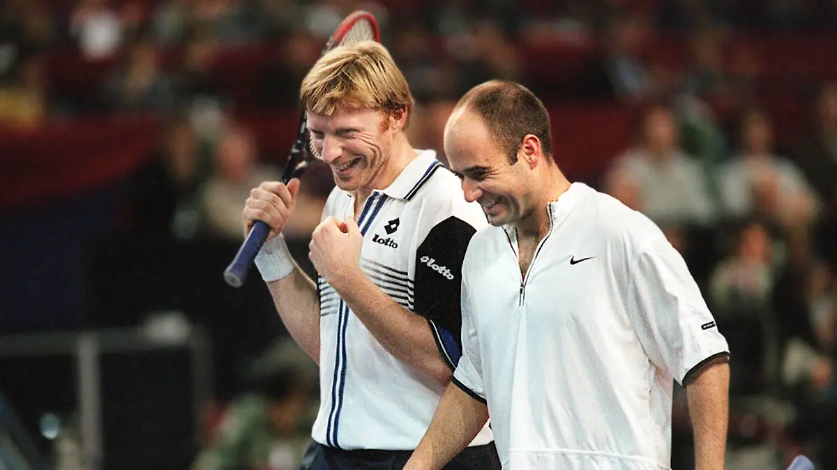 Eurocard Open 1998 : von links BECKER Boris , AGASSI Andre