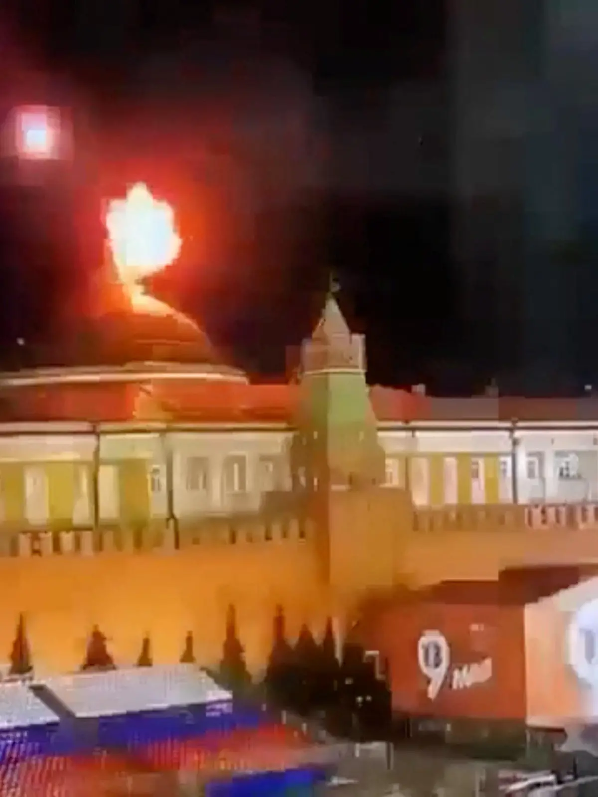 A still image taken from video shows a flying object exploding in an intense burst of light near the dome of the Kremlin Senate building during the alleged Ukrainian drone attack in Moscow, Russia, in this image taken from video obtained by Reuters May 3, 2023. Ostorozhno Novosti/Handout via REUTERS ATTENTION EDITORS - THIS IMAGE WAS PROVIDED BY A THIRD PARTY. NO RESALES. NO ARCHIVES. MANDATORY CREDIT. 
