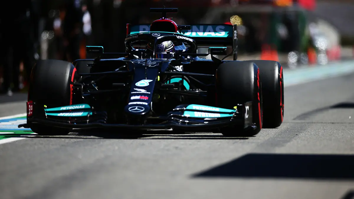 PORTIMAO, PORTUGAL - APRIL 30: Lewis Hamilton of Great Britain driving the (44) Mercedes AMG Petronas F1 Team Mercedes W12 in the Pitlane during practice ahead of the F1 Grand Prix of Portugal at Autodromo Internacional Do Algarve on April 30, 2021 in Portimao, Portugal. (Photo by Peter Fox/Getty Images)