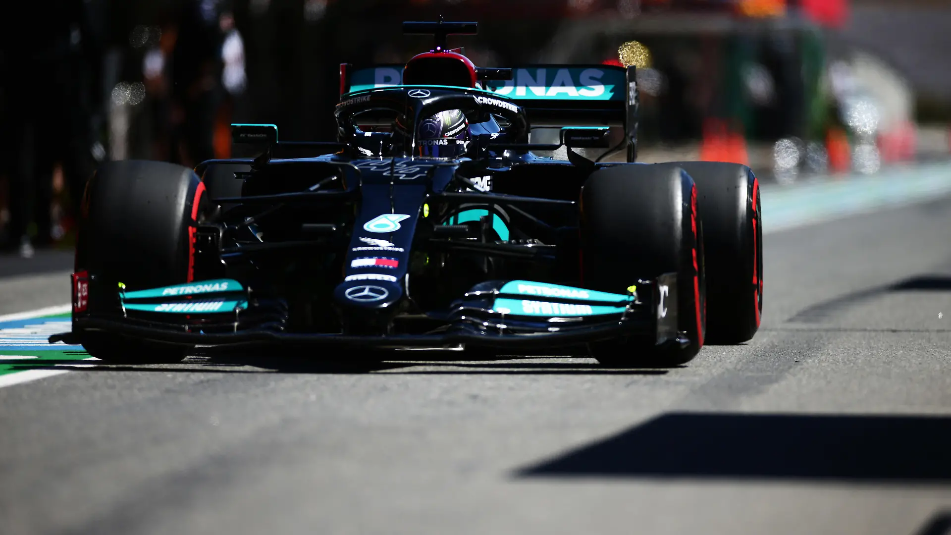 PORTIMAO, PORTUGAL - APRIL 30: Lewis Hamilton of Great Britain driving the (44) Mercedes AMG Petronas F1 Team Mercedes W12 in the Pitlane during practice ahead of the F1 Grand Prix of Portugal at Autodromo Internacional Do Algarve on April 30, 2021 in Portimao, Portugal. (Photo by Peter Fox/Getty Images)