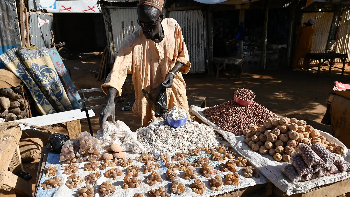 Niger, Niamey, market, gum arabic NIGER, Niamey, market, Baobab fruit and arabic gum, a tree resin from tree acacia senegal which is found in Sahel region, used in the food industry as a stabilizer, with EU E number E414 but it also has medical applications *** Verkauf von Gummi arabicum und Baobab Frucht Niamey Niger