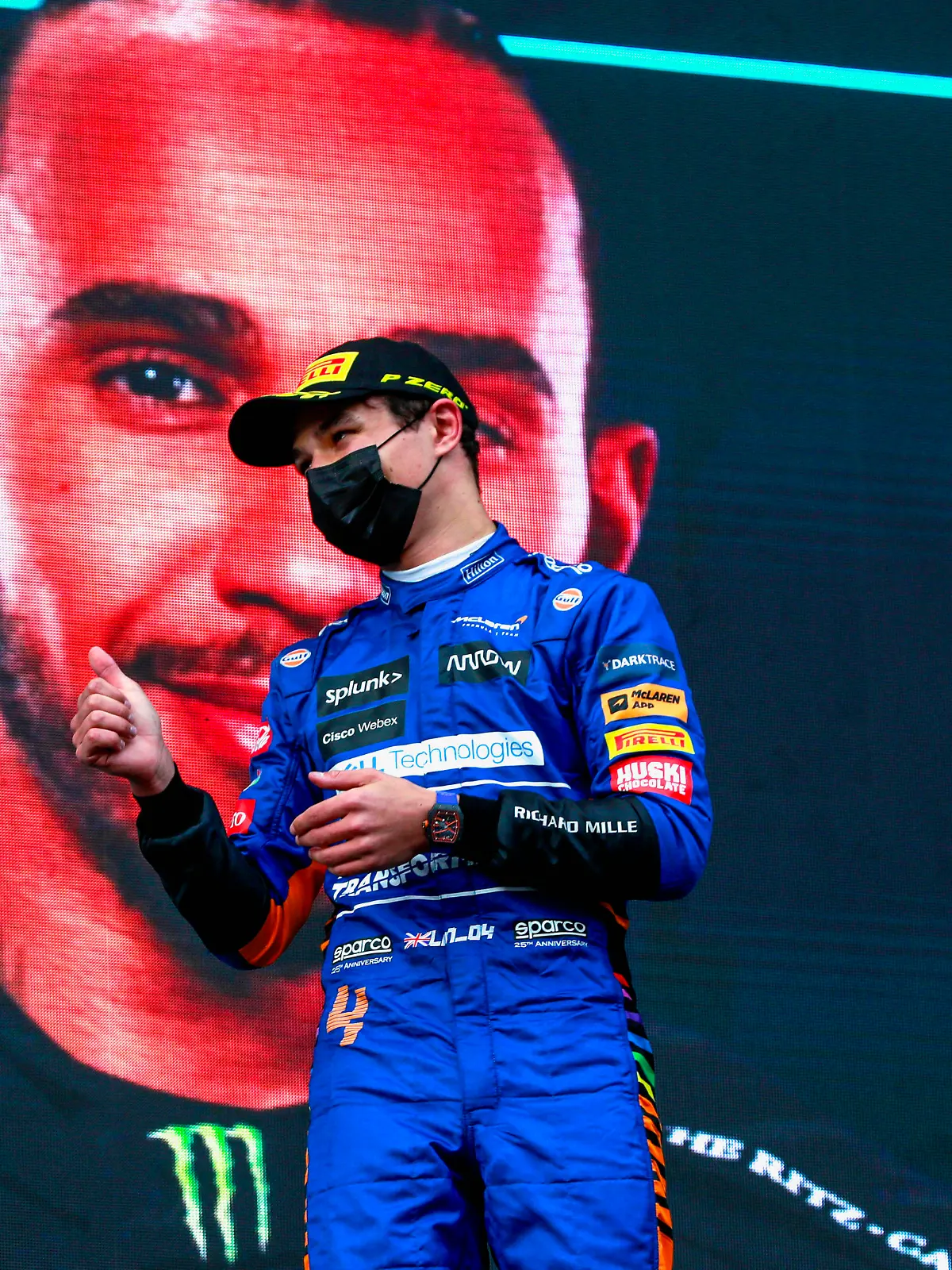 Formula 1 2021: Emilia Romagna GP AUTODROMO INTERNAZIONALE ENZO E DINO FERRARI, ITALY - APRIL 18: Lando Norris, McLaren, 3rd position, on the podium during the Emilia Romagna GP at Autodromo Internazionale Enzo e Dino Ferrari on Sunday April 18, 2021 in imola, Italy. Photo by Steven Tee / LAT Images Images PUBLICATIONxINxGERxSUIxAUTxHUNxONLY GP2102_151620_1ST5572 