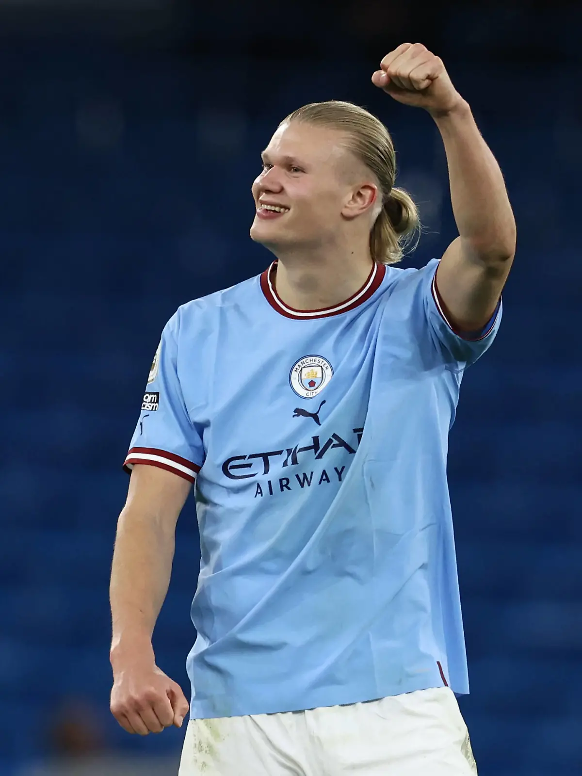 Manchester, England, 3rd May 2023. Erling Haaland of Manchester City celebrates breaking the scoring record during the Premier League match at the Etihad Stadium, Manchester. Picture credit should read: Darren Staples / Sportimage EDITORIAL USE ONLY. No use with unauthorised audio, video, data, fixture lists, club/league logos or live services. Online in-match use limited to 120 images, no video emulation. No use in betting, games or single club/league/player publications. SPI-2417-0056