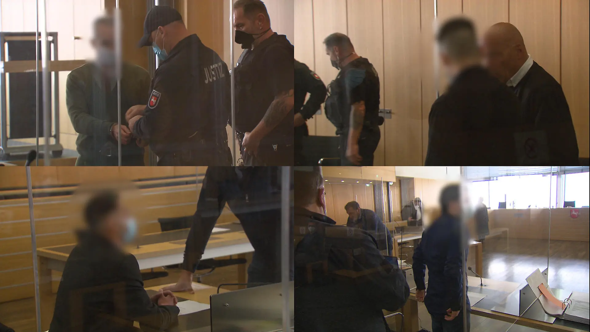 Vier Männer stehen vor dem Landgericht Braunschweig