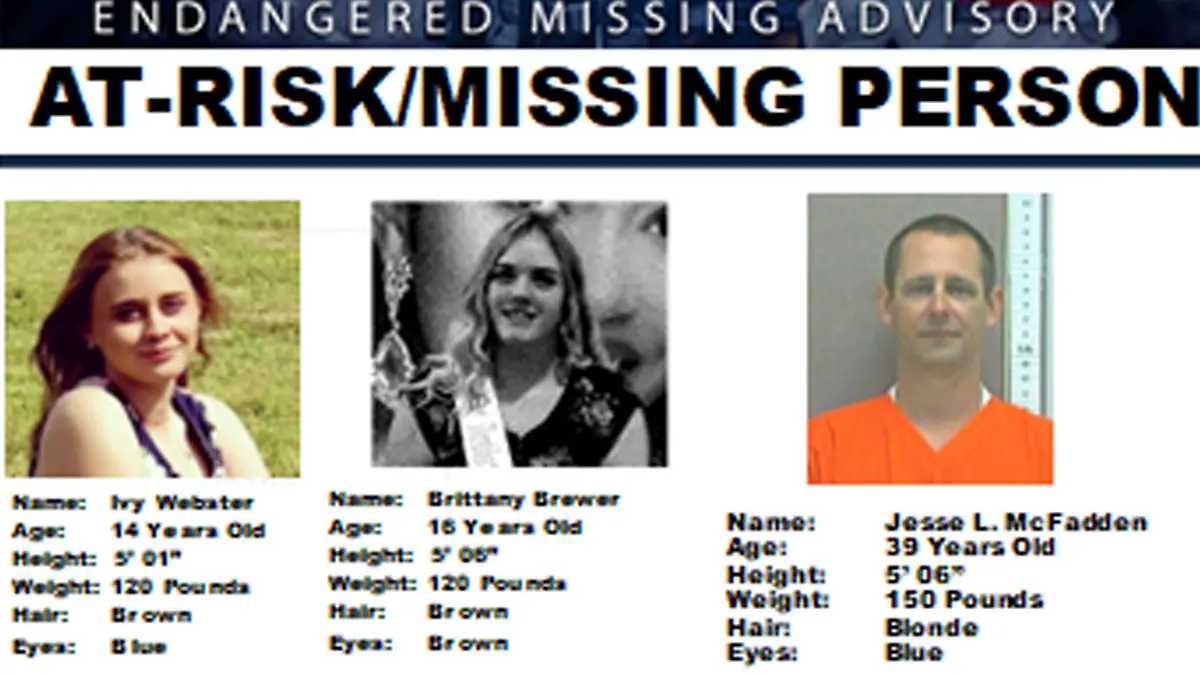 This missing poster provided by the Oklahoma Highway Patrol shows 14-year-old Ivy Webster, left, 16-year-old Brittany Brewer, center, and Jesse McFadden, who were reported missing Monday, May 1, 2023. Authorities discovered the bodies of seven people later in the day while searching a rural Oklahoma property for the two missing teenagers. Oklahoma State Bureau of Investigation spokesman Gerald Davidson said the state medical examiner will have to identify the victims, but authorities were no longer searching for the missing teens or a man they may have been with. The teens were reportedly seen traveling with McFadden, who was on the state's sex offender registry. (Oklahoma Highway Patrol via AP)