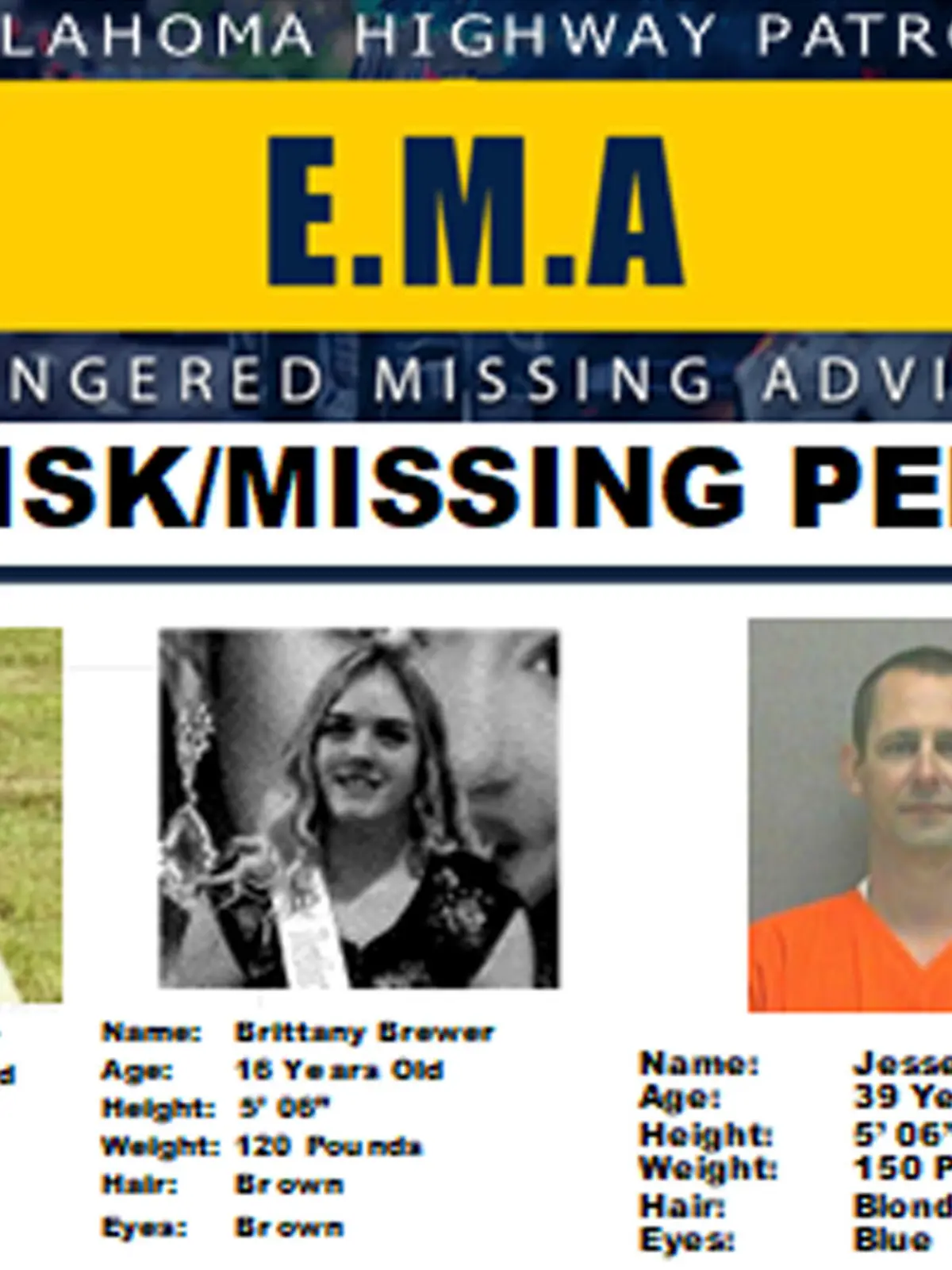 This missing poster provided by the Oklahoma Highway Patrol shows 14-year-old Ivy Webster, left, 16-year-old Brittany Brewer, center, and Jesse McFadden, who were reported missing Monday, May 1, 2023. Authorities discovered the bodies of seven people later in the day while searching a rural Oklahoma property for the two missing teenagers. Oklahoma State Bureau of Investigation spokesman Gerald Davidson said the state medical examiner will have to identify the victims, but authorities were no longer searching for the missing teens or a man they may have been with. The teens were reportedly seen traveling with McFadden, who was on the state's sex offender registry. (Oklahoma Highway Patrol via AP)