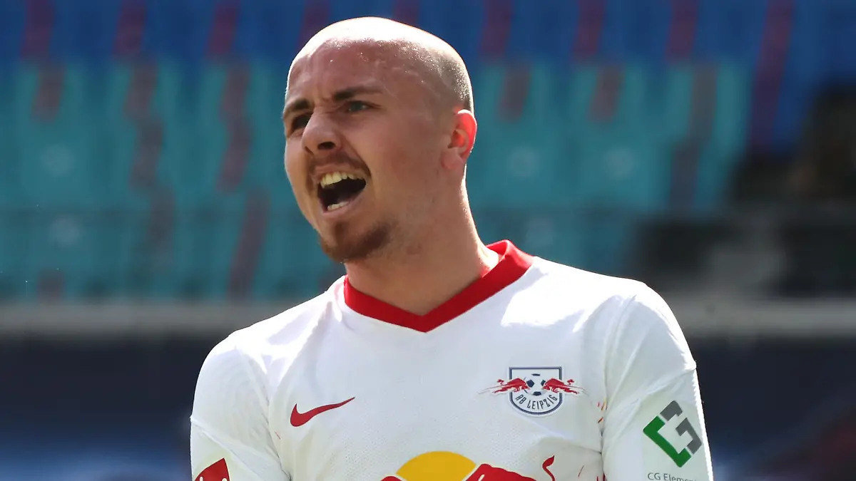 LEIPZIG, GERMANY - APRIL 25: Angelino of RB Leipzig reacts after a missed chance during the Bundesliga match between RB Leipzig and VfB Stuttgart at Red Bull Arena on April 25, 2021 in Leipzig, Germany. Sporting stadiums around Germany remain under strict restrictions due to the Coronavirus Pandemic as Government social distancing laws prohibit fans inside venues resulting in games being played behind closed doors. (Photo by Filip Singer - Pool/Getty Images)