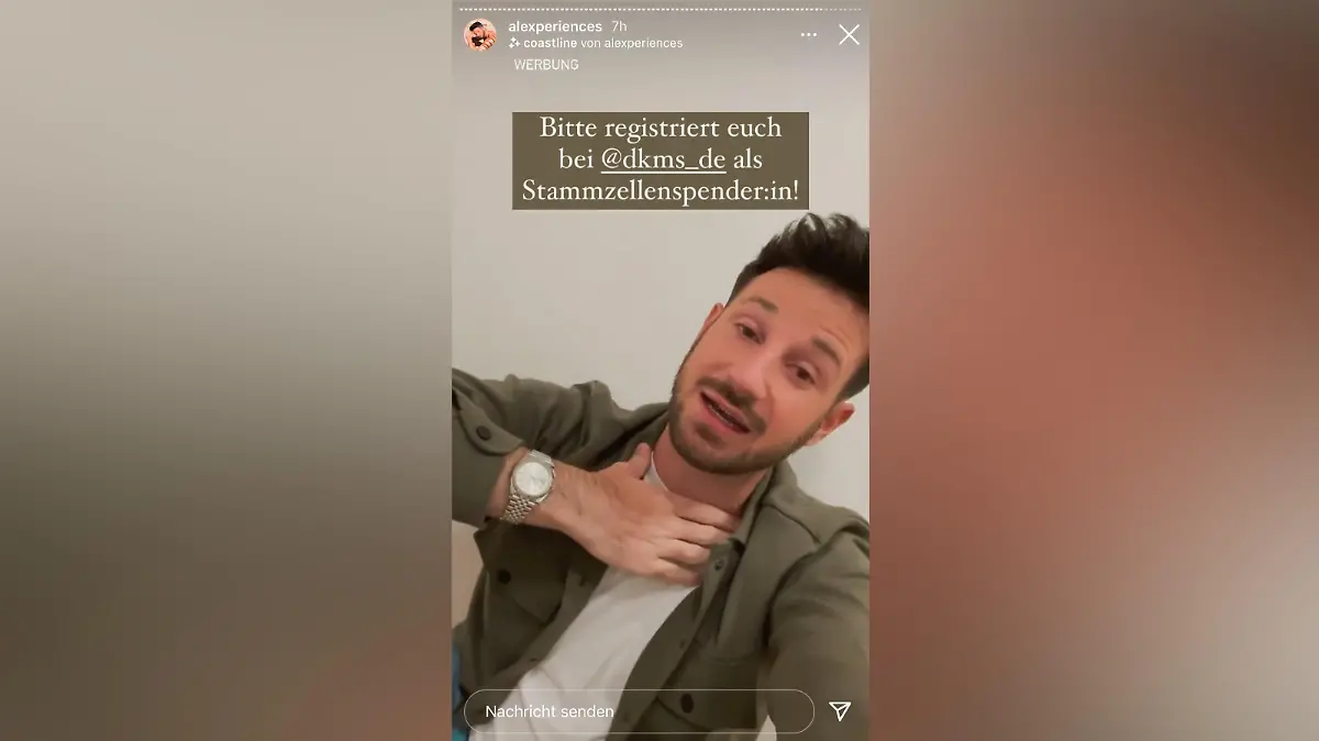 Alexander Schäfer ruft seine Follower auf Instagram dazu auf, sich bei der DKMS zu registrieren. Bildquelle: instagram/alexperiences