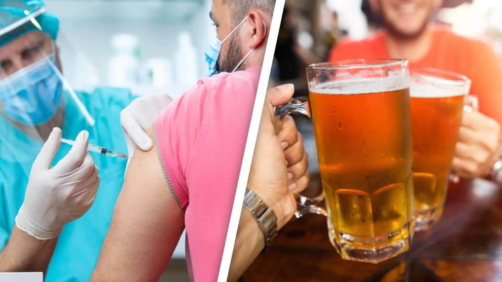 Mann lässt sich impfen, zwei Männer trinken Bier