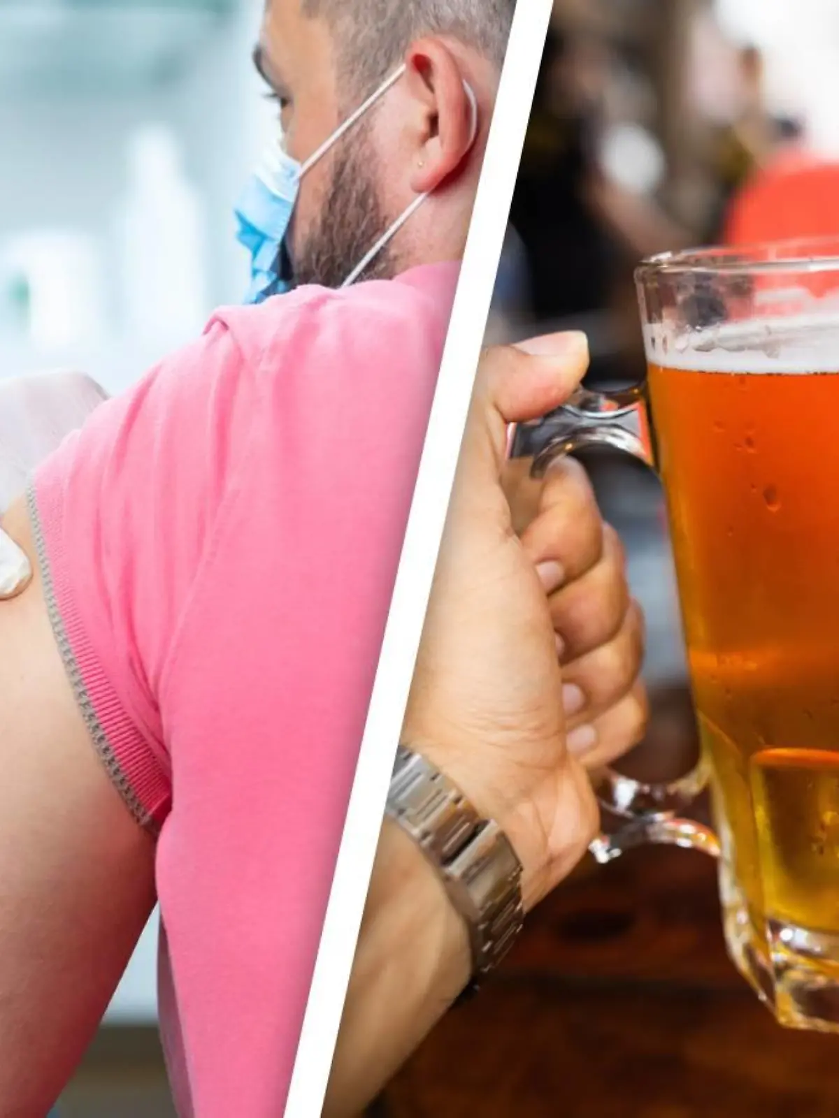 Mann lässt sich impfen, zwei Männer trinken Bier