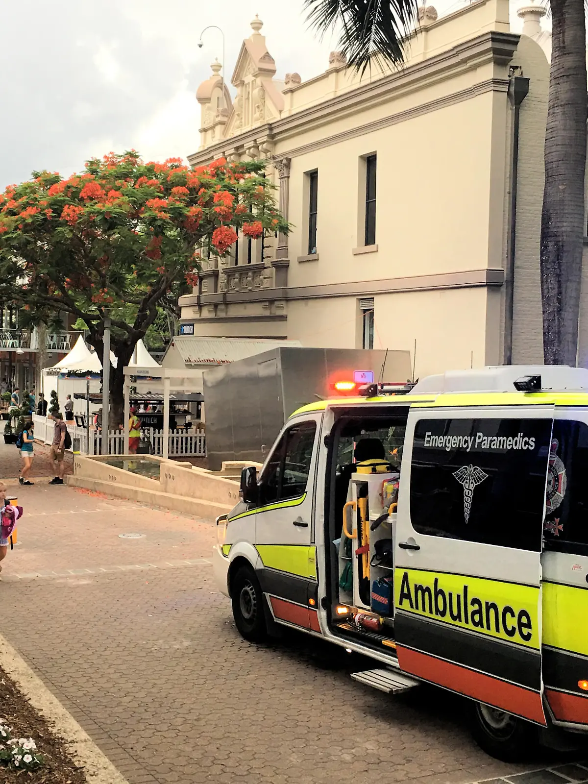 BRISBANE - DEC 19 2018: Land ambulance in South Bank of Brisbane. In all states with the exception of Queensland and Tasmania, users who are not on welfare benefits are billed directly for their usage Photo via Newscom picture alliance
