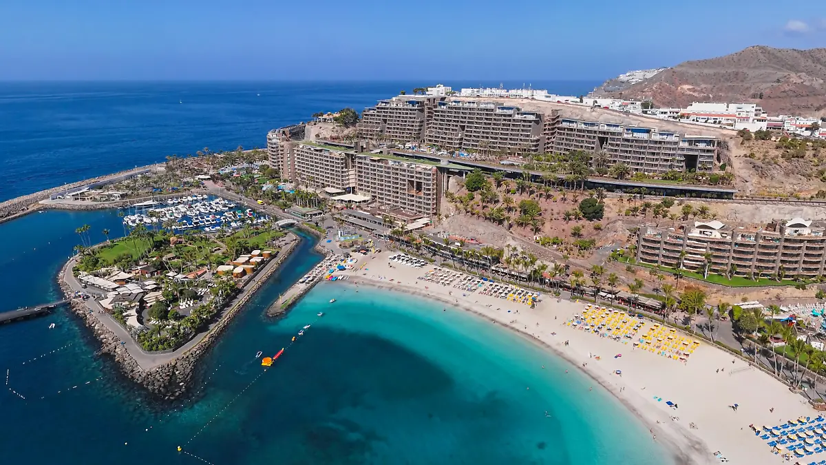 Aerial panorama of Puerto Rico de Gran Canaria beach