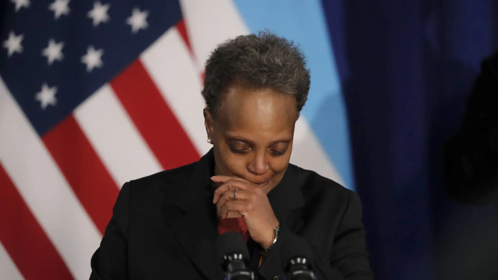 April 15, 2021, Chicago, Illinois, USA: Mayor LORI LIGHTFOOT speaks at City Hall about the video of the fatal police shooting of 13-year-old Adam Toledo last month. The mayor and city leaders appealed for calm Thursday. Chicago USA - ZUMAm67_ 20210415_zaf_m67_023 Copyright: xJosexM.xOsoriox