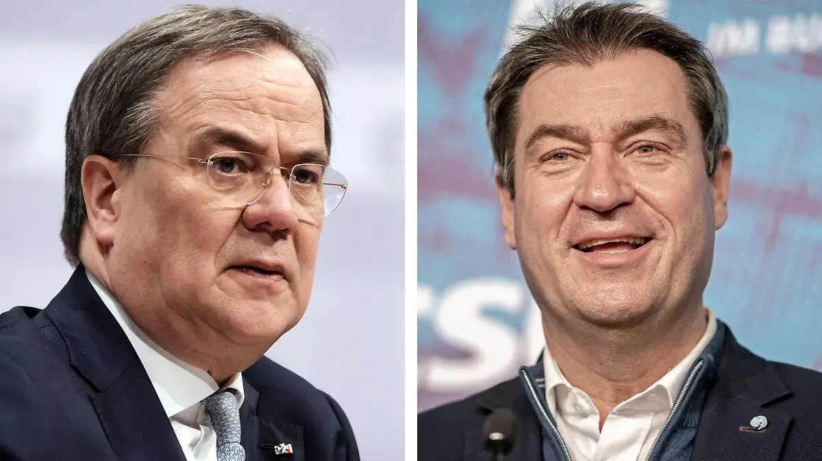ARCHIV - 19.01.2021, Berlin: Kombo - Armin Laschet, Ministerpräsident von Nordrhein-Westfalen und neuer CDU-Vorsitzender, und Markus Söder (r), Ministerpräsident von Bayern und CSU-Vorsitzender. Laschet hat im Machtkampf um die Kanzlerkandidatur mit dem CSU-Vorsitzenden Söder zur Einigkeit der Unionsparteien aufgerufen. Foto: Michael Kappeler/dpa-Pool/dpa +++ dpa-Bildfunk +++