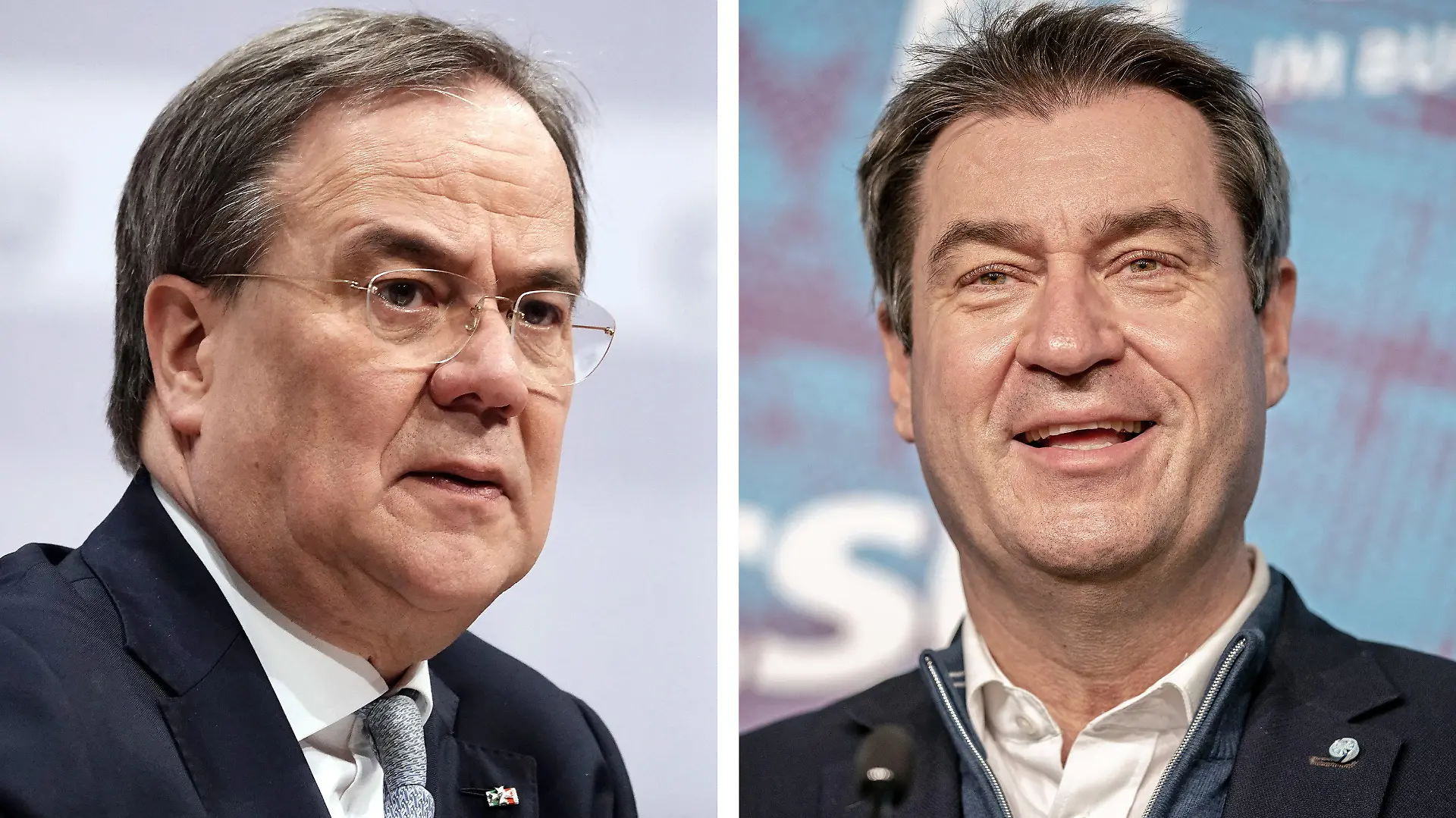 ARCHIV - 19.01.2021, Berlin: Kombo - Armin Laschet, Ministerpräsident von Nordrhein-Westfalen und neuer CDU-Vorsitzender, und Markus Söder (r), Ministerpräsident von Bayern und CSU-Vorsitzender. Laschet hat im Machtkampf um die Kanzlerkandidatur mit dem CSU-Vorsitzenden Söder zur Einigkeit der Unionsparteien aufgerufen. Foto: Michael Kappeler/dpa-Pool/dpa +++ dpa-Bildfunk +++