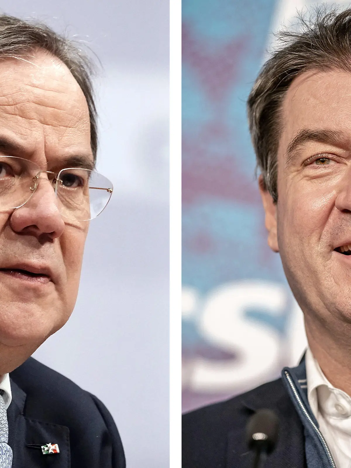ARCHIV - 19.01.2021, Berlin: Kombo - Armin Laschet, Ministerpräsident von Nordrhein-Westfalen und neuer CDU-Vorsitzender, und Markus Söder (r), Ministerpräsident von Bayern und CSU-Vorsitzender. Laschet hat im Machtkampf um die Kanzlerkandidatur mit dem CSU-Vorsitzenden Söder zur Einigkeit der Unionsparteien aufgerufen. Foto: Michael Kappeler/dpa-Pool/dpa +++ dpa-Bildfunk +++