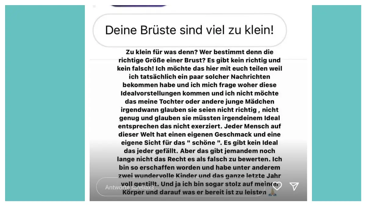 Sarah Engels teilte eine Nachricht gegen Bodyshaming auf Instagram