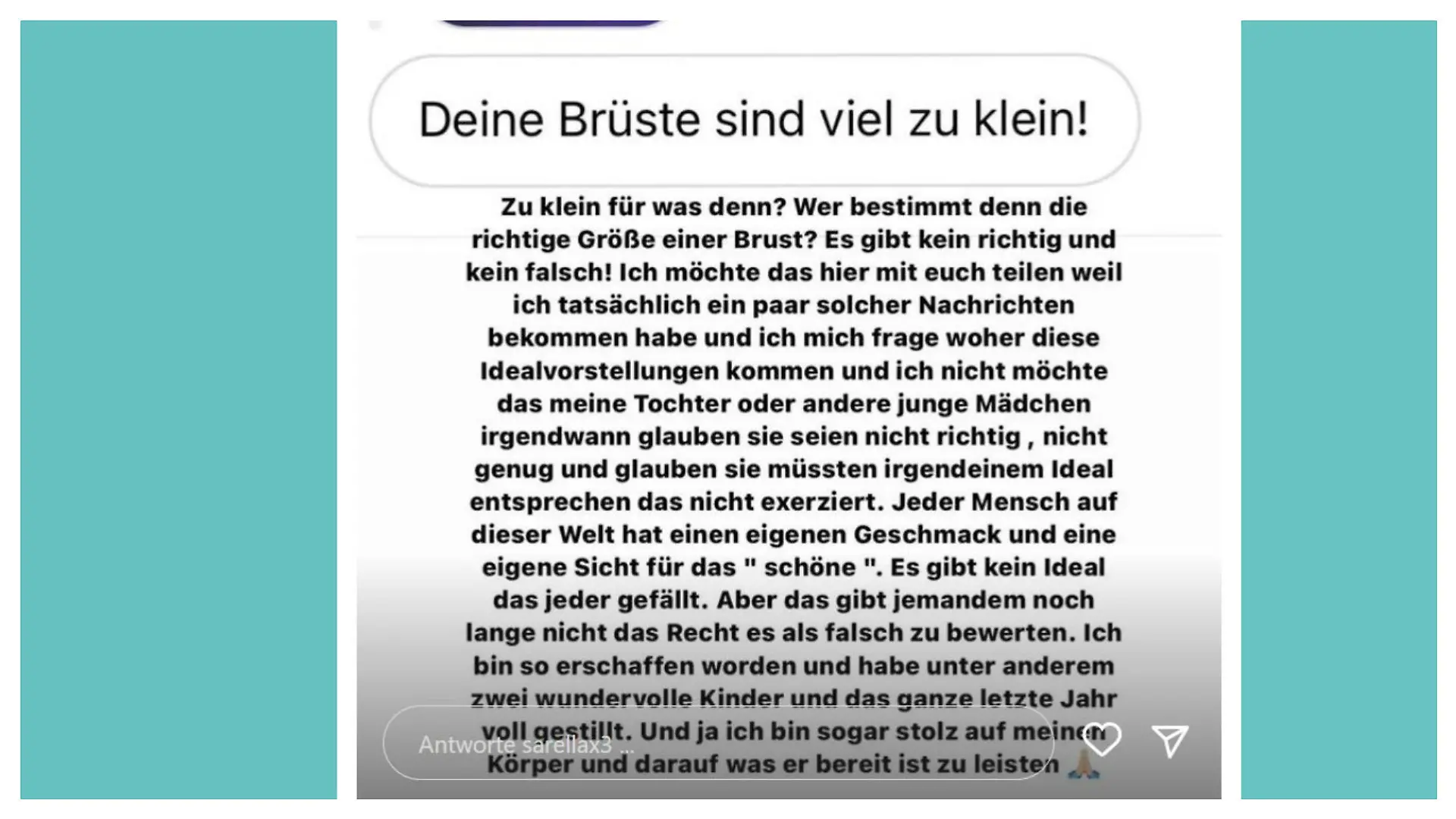 Sarah Engels teilte eine Nachricht gegen Bodyshaming auf Instagram