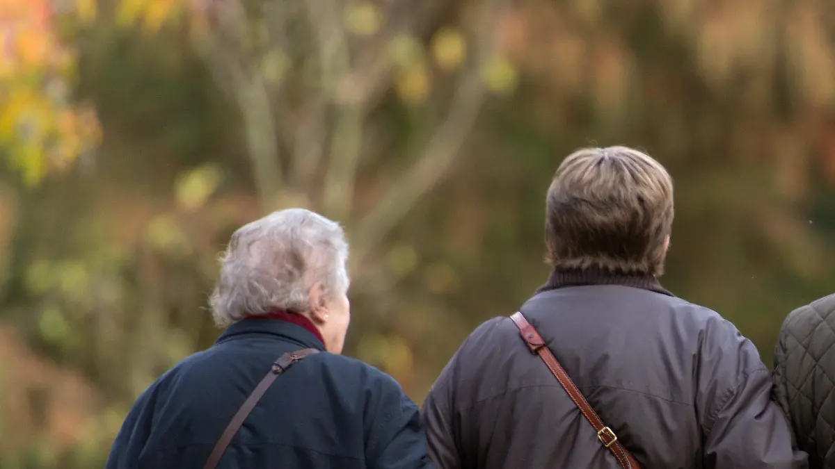 ARCHIV - Vier Senioren gehen am 13.11.2014 auf der Bodenseeinsel Mainau (Baden-Württemberg) gemeinsam spazieren. Foto: Patrick Seeger/dpa (zu dpa "Studie: Alterung der Gesellschaft bringt Rentenkasse in Finanznot" vom 27.10.2016) +++(c) dpa - Bildfunk+++