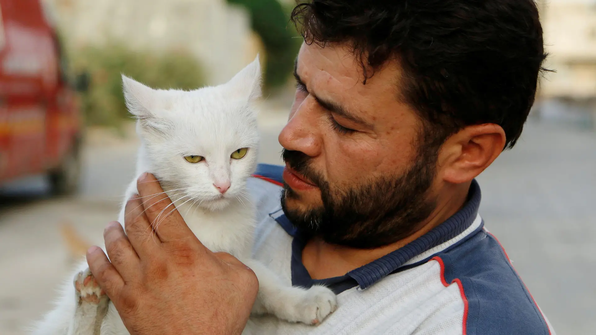 FILE PHOTO: Alaa, an ambulance driver, carries a cat in Masaken Hanano in Aleppo, Syria September 24, 2014. REUTERS/Hosam Katan/File Photo