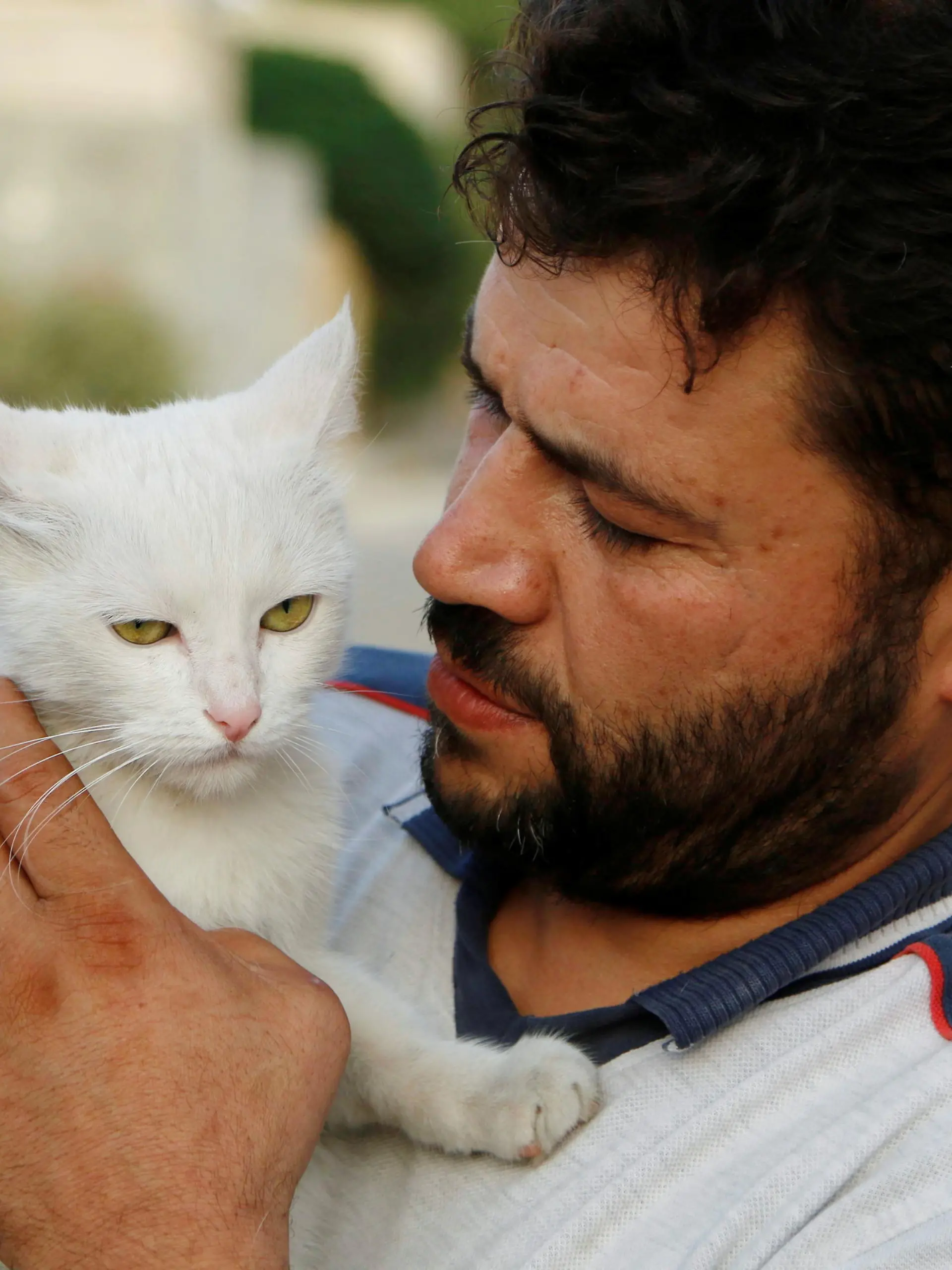 FILE PHOTO: Alaa, an ambulance driver, carries a cat in Masaken Hanano in Aleppo, Syria September 24, 2014. REUTERS/Hosam Katan/File Photo
