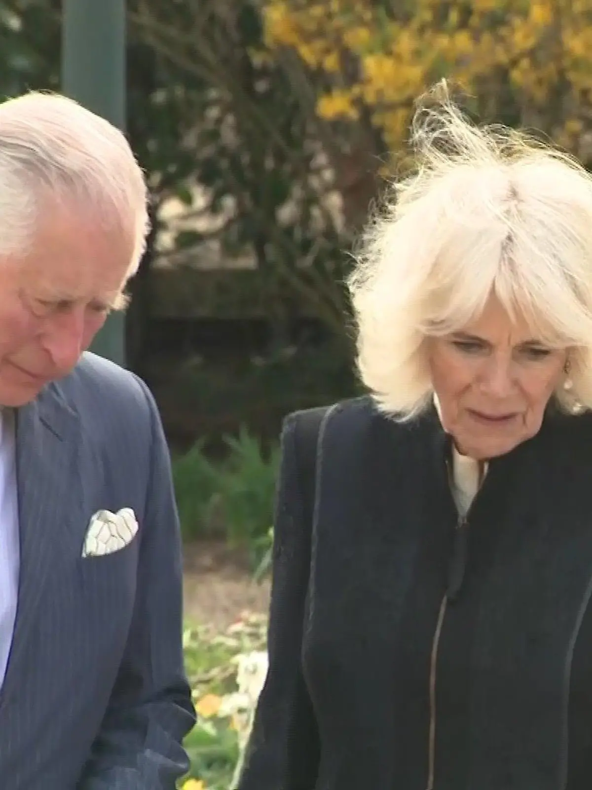 Prinz Charles und Herzogin Camilla betrachten die Blumenflut, die die Royal Family zum Tod von Prinz Philip erhalten hat.