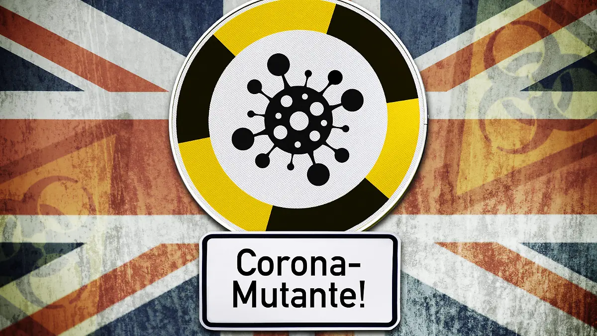 FOTOMONTAGE, Schild mit Coronavirus-Symbol und Fahne von Großbritannien, britische Virus-Mutante *** PHOTOMONTAGE, shield with coronavirus symbol and flag of Great Britain, British virus mutant