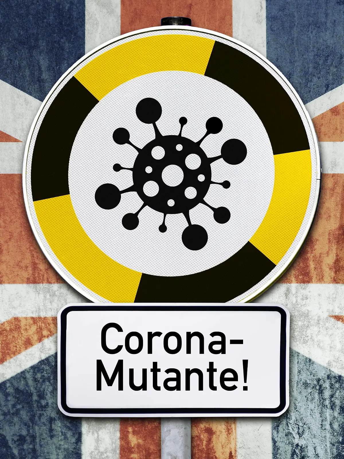  FOTOMONTAGE, Schild mit Coronavirus-Symbol und Fahne von Großbritannien, britische Virus-Mutante *** PHOTOMONTAGE, shield with coronavirus symbol and flag of Great Britain, British virus mutant