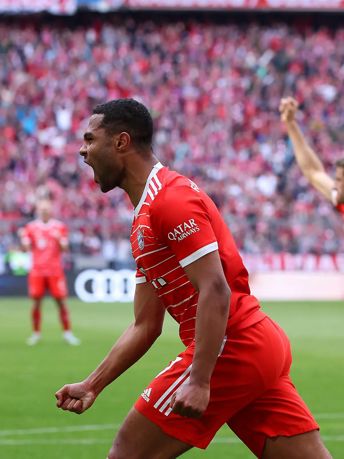 MUNICH, GERMANY - APRIL 30: Serge Gnabry of FC Bayern Munich celebrates after scoring the team's first goal during the Bundesliga match between FC Bayern München and Hertha BSC at Allianz Arena on April 30, 2023 in Munich, Germany. (Photo by Alexander Hassenstein/Getty Images)