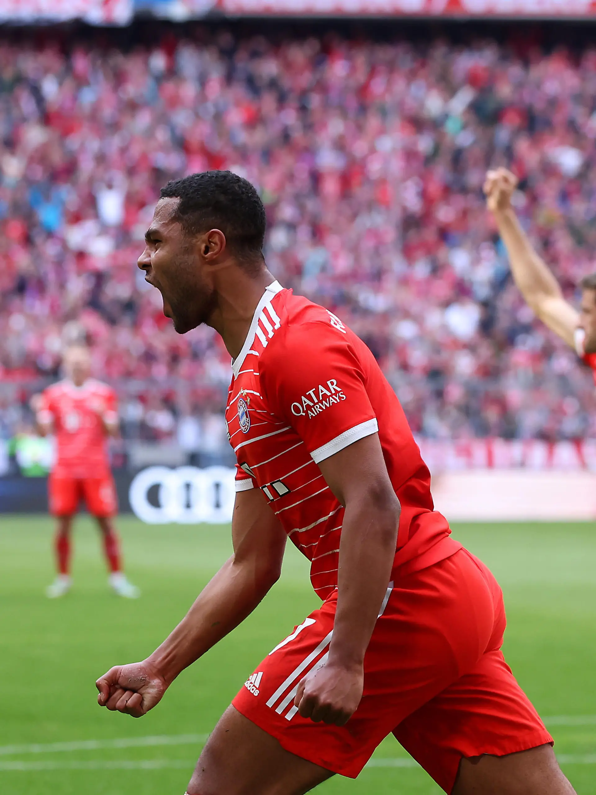 MUNICH, GERMANY - APRIL 30: Serge Gnabry of FC Bayern Munich celebrates after scoring the team's first goal during the Bundesliga match between FC Bayern München and Hertha BSC at Allianz Arena on April 30, 2023 in Munich, Germany. (Photo by Alexander Hassenstein/Getty Images)
