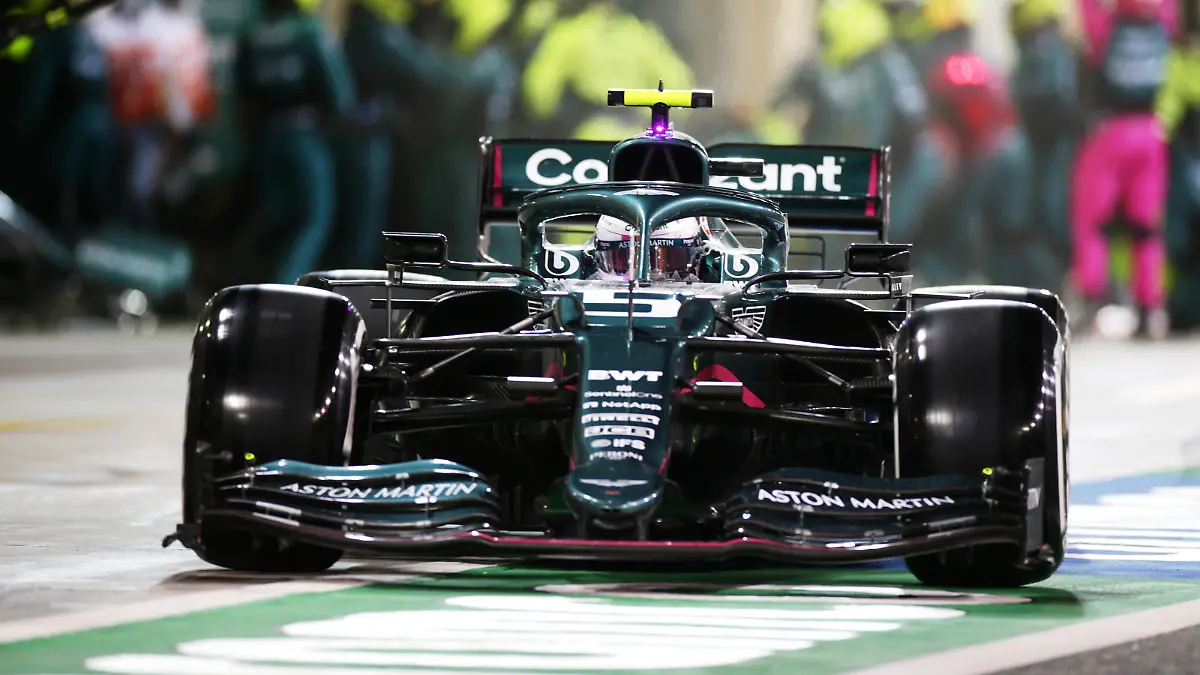 BAHRAIN, BAHRAIN - MARCH 28: Sebastian Vettel of Germany driving the (5) Aston Martin AMR21 Mercedes in the Pitlane during the F1 Grand Prix of Bahrain at Bahrain International Circuit on March 28, 2021 in Bahrain, Bahrain. (Photo by Peter Fox/Getty Images)
