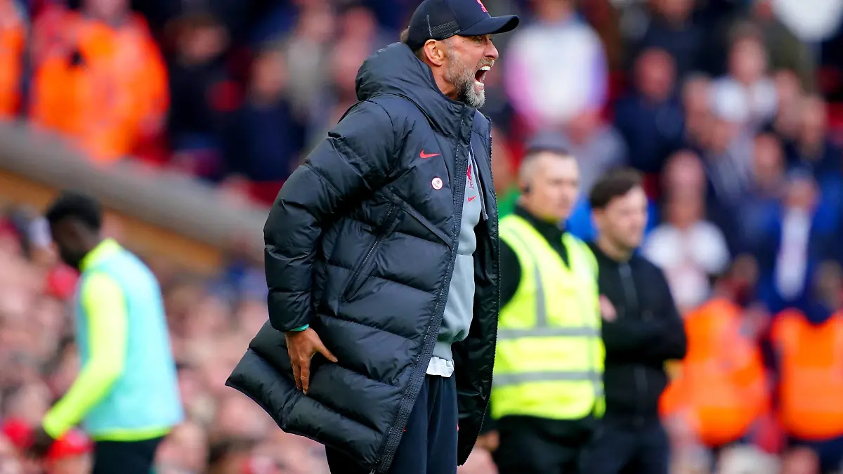 Liverpool v Tottenham Hotspur - Premier League - Anfield Liverpool manager Jurgen Klopp during the Premier League match at Anfield, Liverpool. Picture date: Sunday April 30, 2023. EDITORIAL USE ONLY No use with unauthorised audio, video, data, fixture lists, club/league logos or live services. Online in-match use limited to 120 images, no video emulation. No use in betting, games or single club/league/player publications. PUBLICATIONxNOTxINxUKxIRL Copyright: xPeterxByrnex 71969379