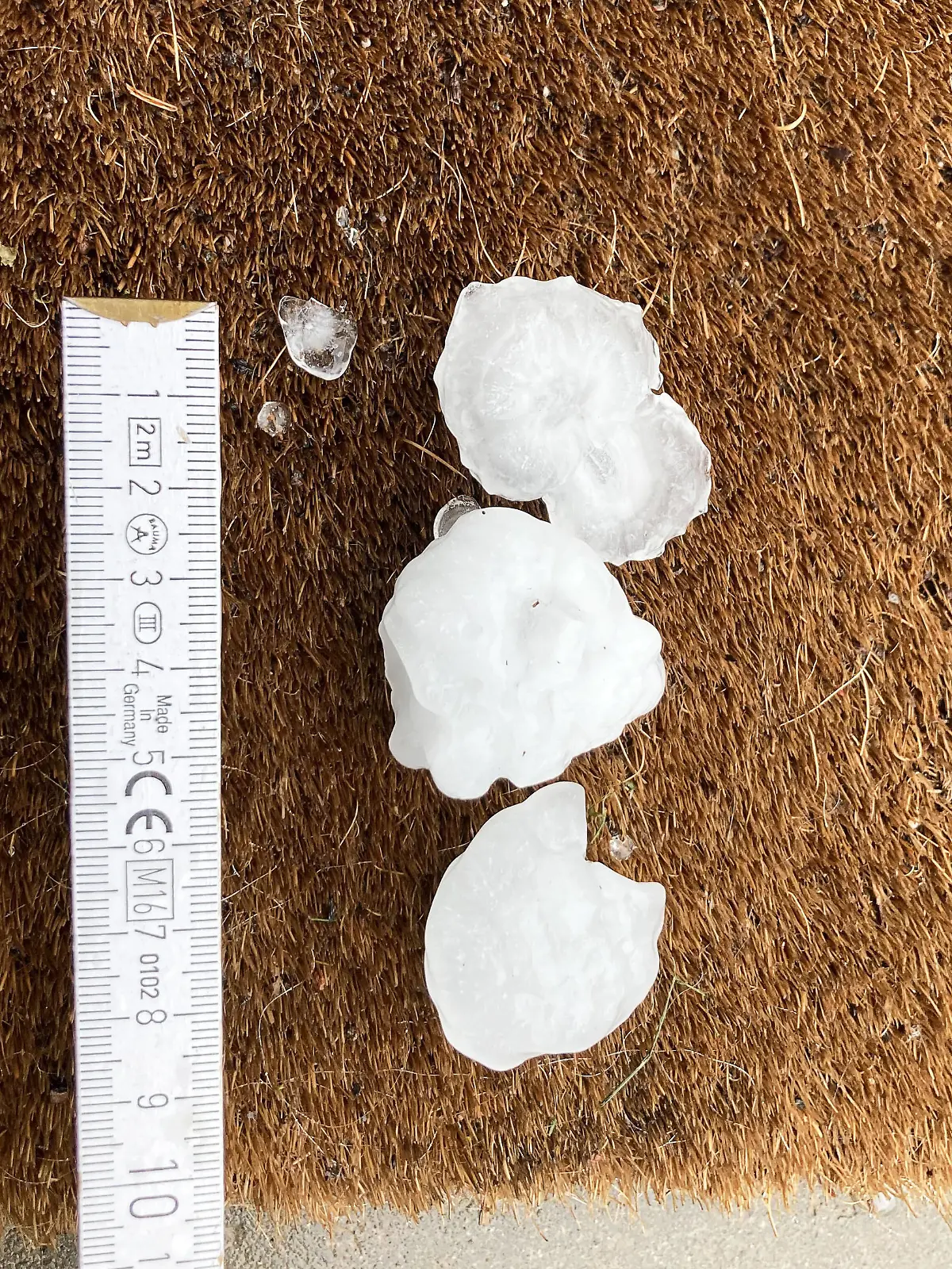28.04.2023, Rheinland-Pfalz, Mainz: Große Hagelkörner liegen nach einem Unwetter in einem Vorgarten im Stadtteil Ebersheim. Bei wechselhaftem Wetter und einzelnen Gewittern in Rheinland-Pfalz können laut Deutschem Wetterdienst (DWD) starke bis stürmische Böen aufziehen. Foto: Jan Brinkhus/dpa +++ dpa-Bildfunk +++
