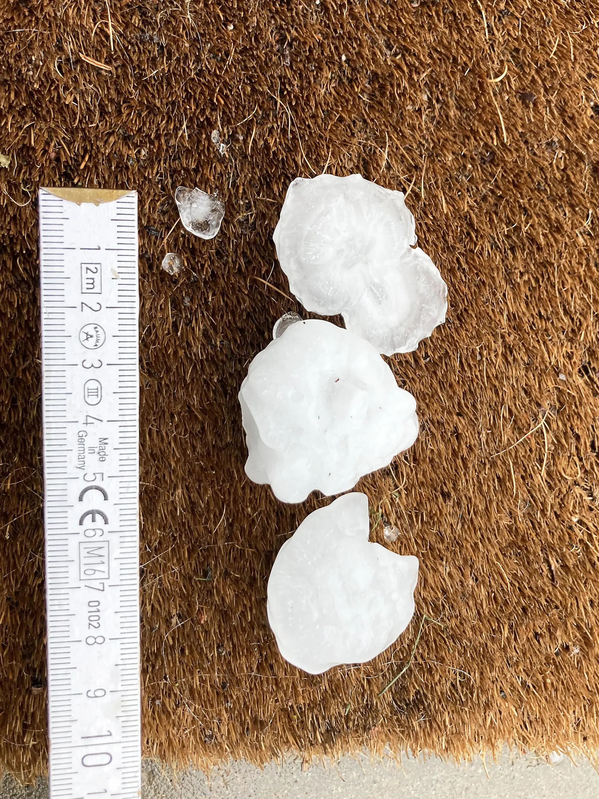 28.04.2023, Rheinland-Pfalz, Mainz: Große Hagelkörner liegen nach einem Unwetter in einem Vorgarten im Stadtteil Ebersheim. Bei wechselhaftem Wetter und einzelnen Gewittern in Rheinland-Pfalz können laut Deutschem Wetterdienst (DWD) starke bis stürmische Böen aufziehen. Foto: Jan Brinkhus/dpa +++ dpa-Bildfunk +++