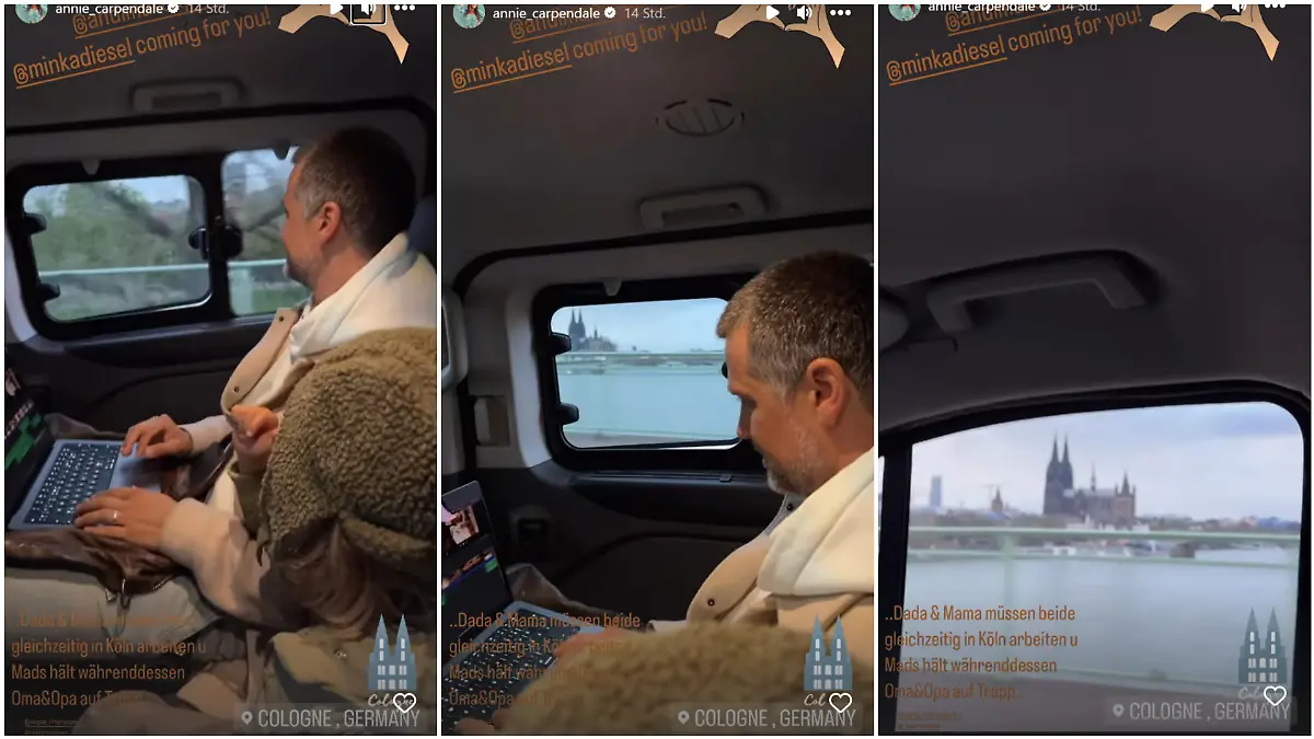 In ihrer Instagram-Story filmt Annemarie Carpendale nicht nur ihre Fahrt nach Köln, sondern auch Mads' Fragen – mit Mamas und Papas Antworten.
