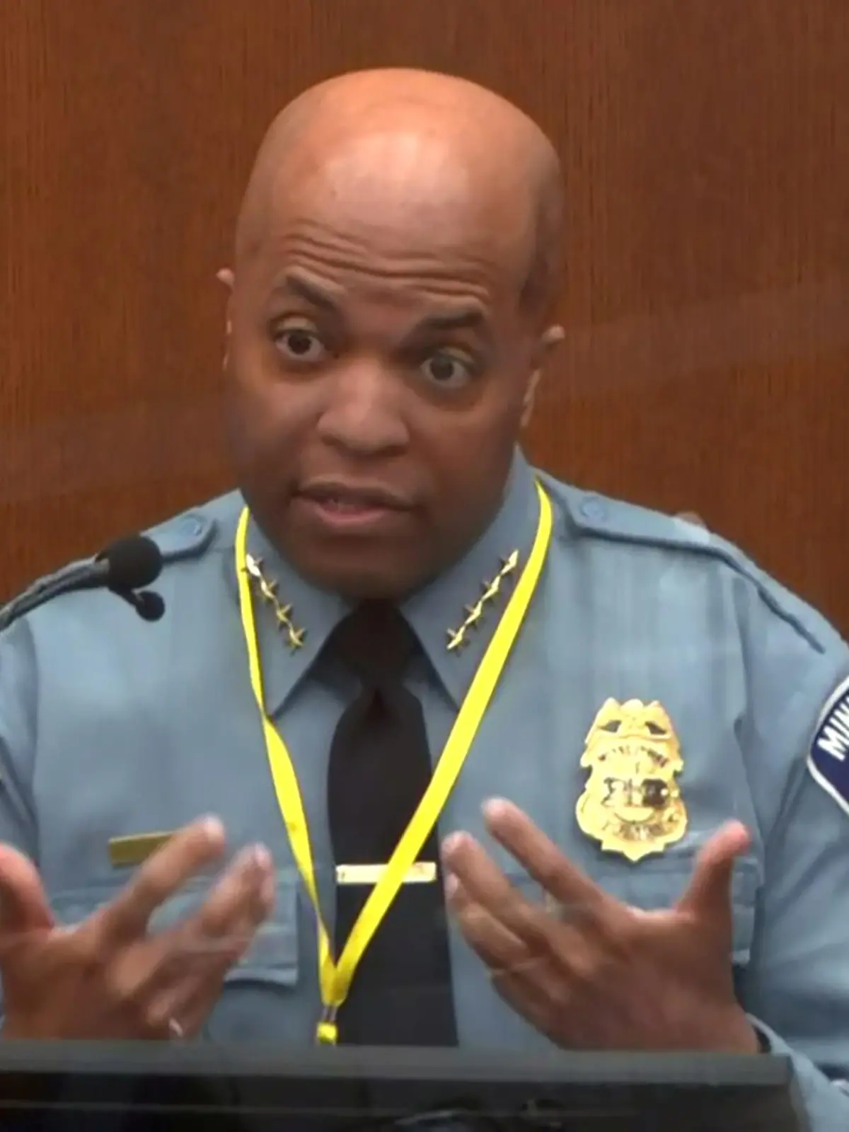 Minneapolis Police Chief Medaria Arradondo answers questions on the sixth day of the trial of former Minneapolis police officer Derek Chauvin for second-degree murder, third-degree murder and second-degree manslaughter in the death of George Floyd in Minneapolis, Minnesota, U.S. April 5, 2021 in a still image from video.  Pool via REUTERS