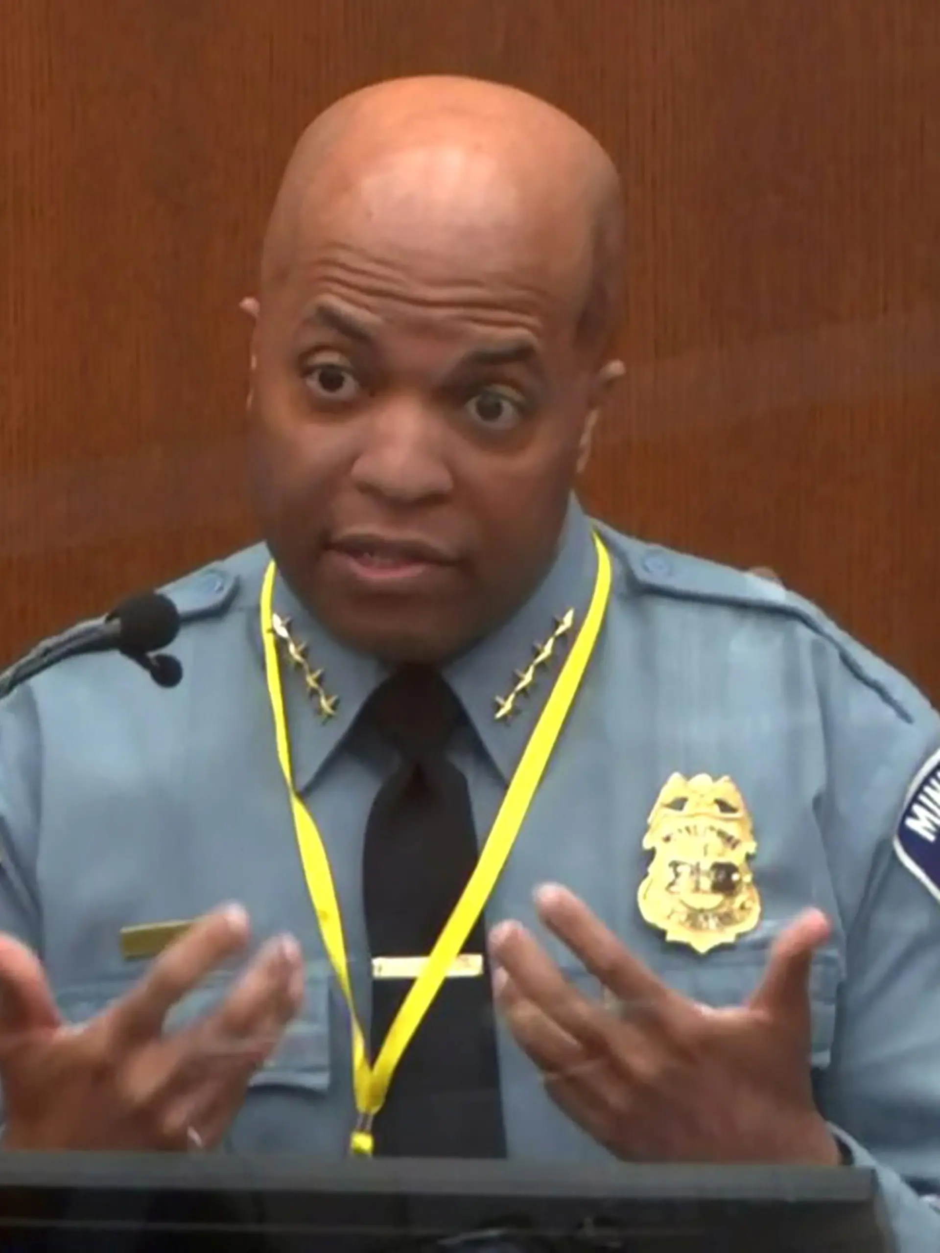 Minneapolis Police Chief Medaria Arradondo answers questions on the sixth day of the trial of former Minneapolis police officer Derek Chauvin for second-degree murder, third-degree murder and second-degree manslaughter in the death of George Floyd in Minneapolis, Minnesota, U.S. April 5, 2021 in a still image from video. Pool via REUTERS