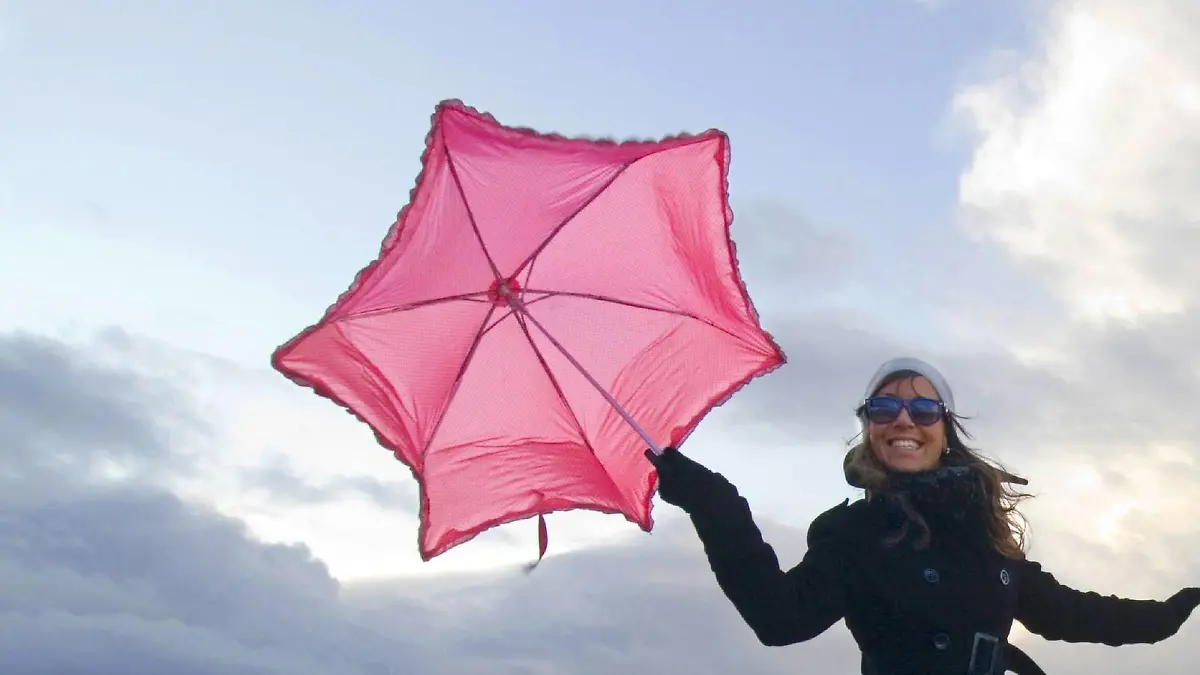 junge Frau mit rosa Schirm balanciert ueber Buhnen, Niederlande, Zeeland, Breskens | young woman with pink umbrella balancing on spur dikes, Netherlands, Zeeland, Breskens | Verwendung weltweit
