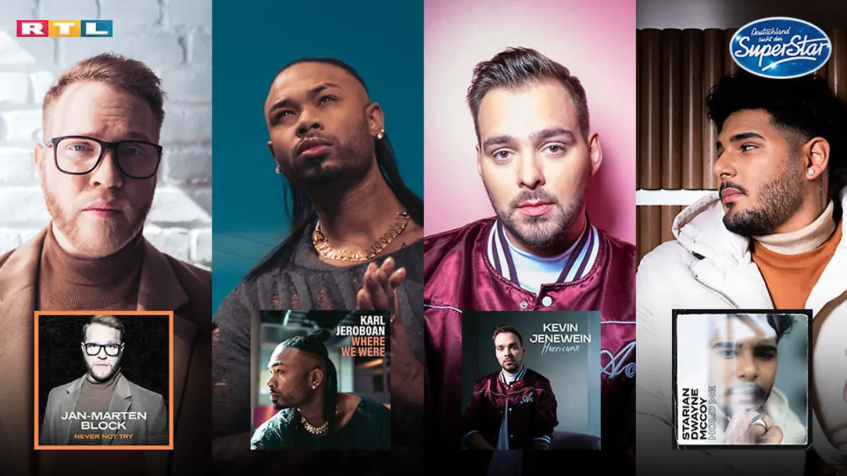 Jan Marten Block, Karl Jeroboan, Kevin Jenewein und Starian McCoy mit ihren Final-Songs für das große Finale von DSDS 2021.