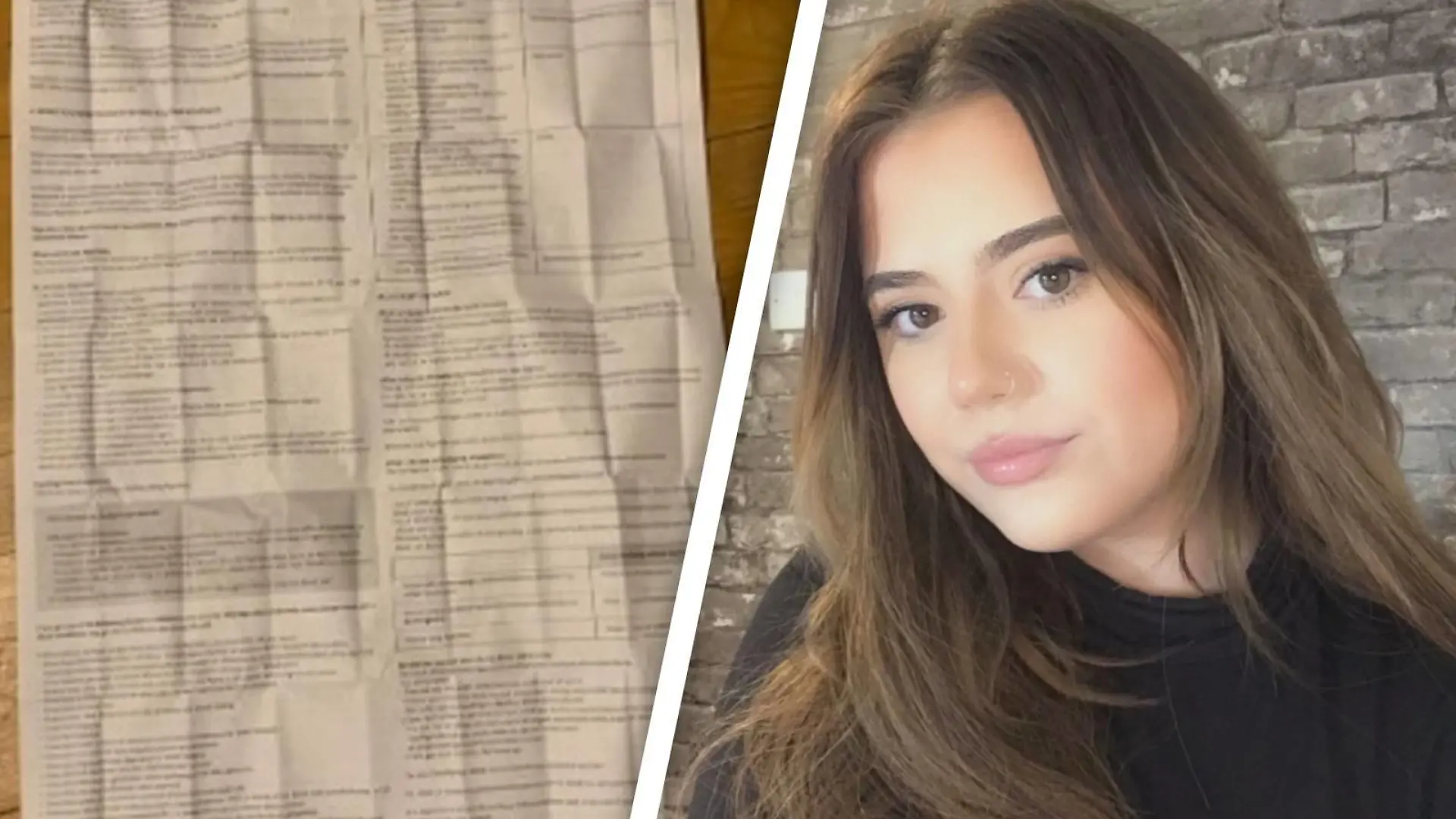 Man sieht einen doppelseitig bedruckten Beipackzettel und Georgia Shaw. Sie posten den Beipackzettel, der voller Risiken und Nebenwirkungen der Antibabypille bedruckt ist.