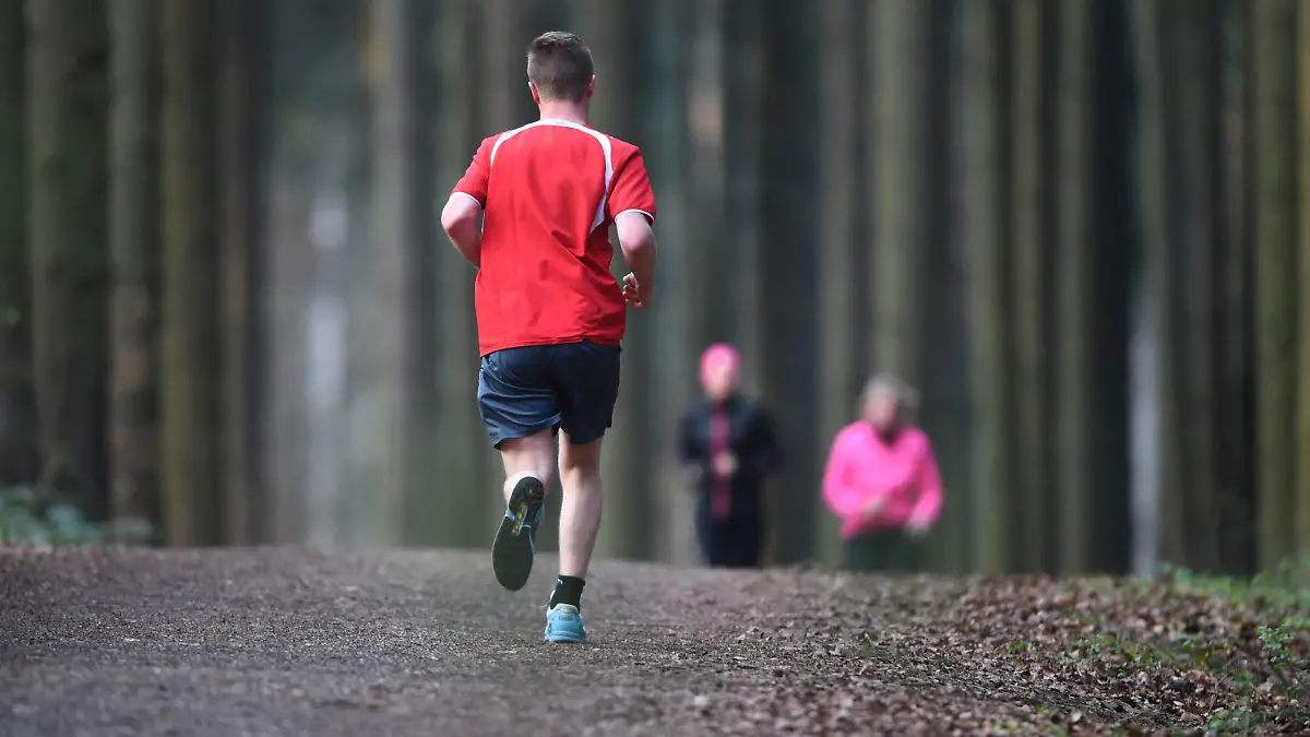 ARCHIV - Ein Mann joggt am 26.03.2014 durch einen Wald bei Ravensburg (Baden-Württemberg), während zwei Frauen ihm entgegen joggen. Foto: Felix Kästle/dpa (zur dpa Berichterstattung: "Deutschland macht sich fit für den Sommer" vom 08.04.2014) +++(c) dpa - Bildfunk+++