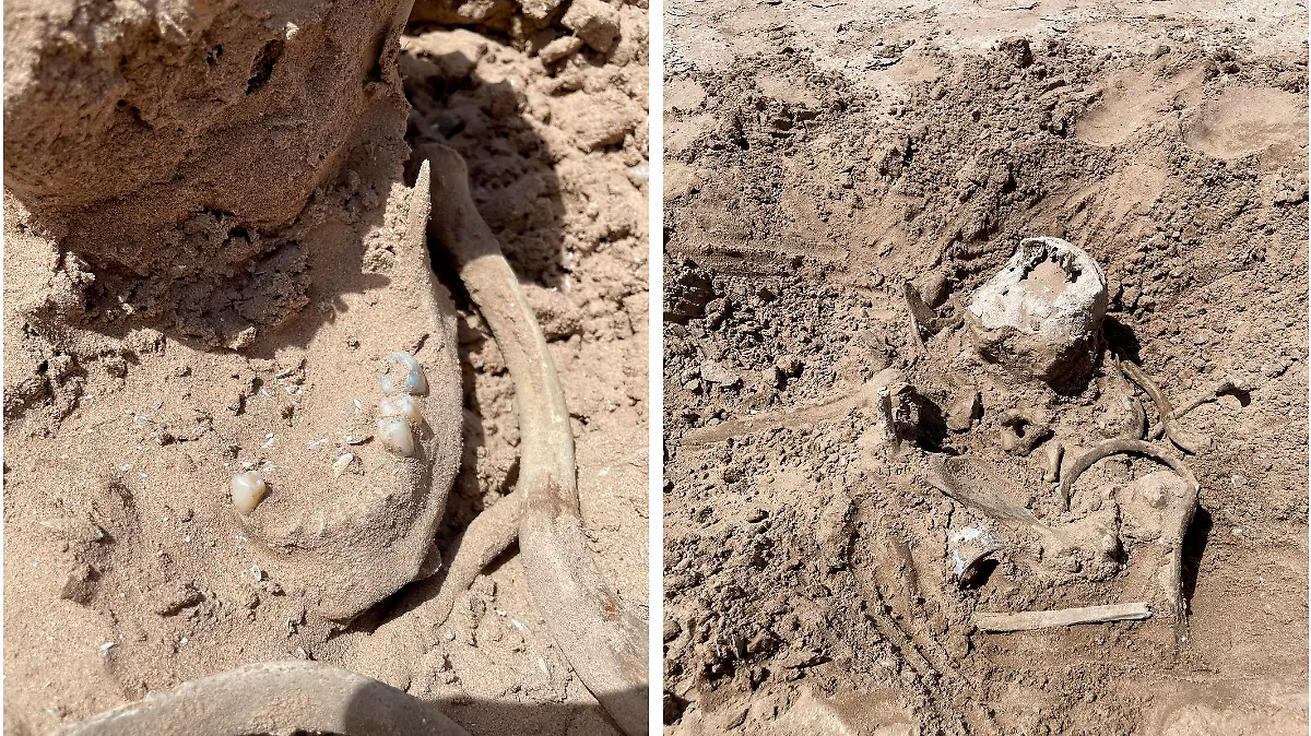These photos of Saturday, May 7, 2022, provided by Lindsey Melvin of Henderson, Nev., shows human remains she and her sister discovered on a sandbar that recently surfaced as Lake Mead recedes. A closer look revealed a human jaw with teeth. The National Park Service confirmed in a statement that the bones are human. (Lindsey Melvin via AP)