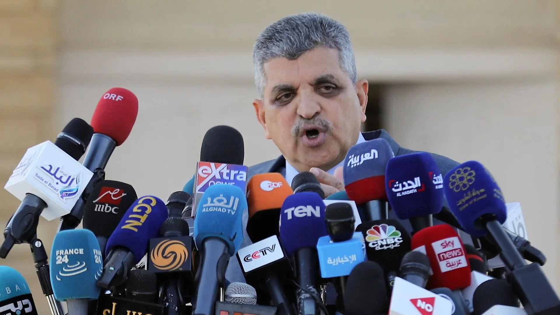 Osama Rabie, Chairman of the Suez Canal Authority, talks during a news conference in Suez, Egypt March 27, 2021. REUTERS/Mohamed Abd El Ghany
